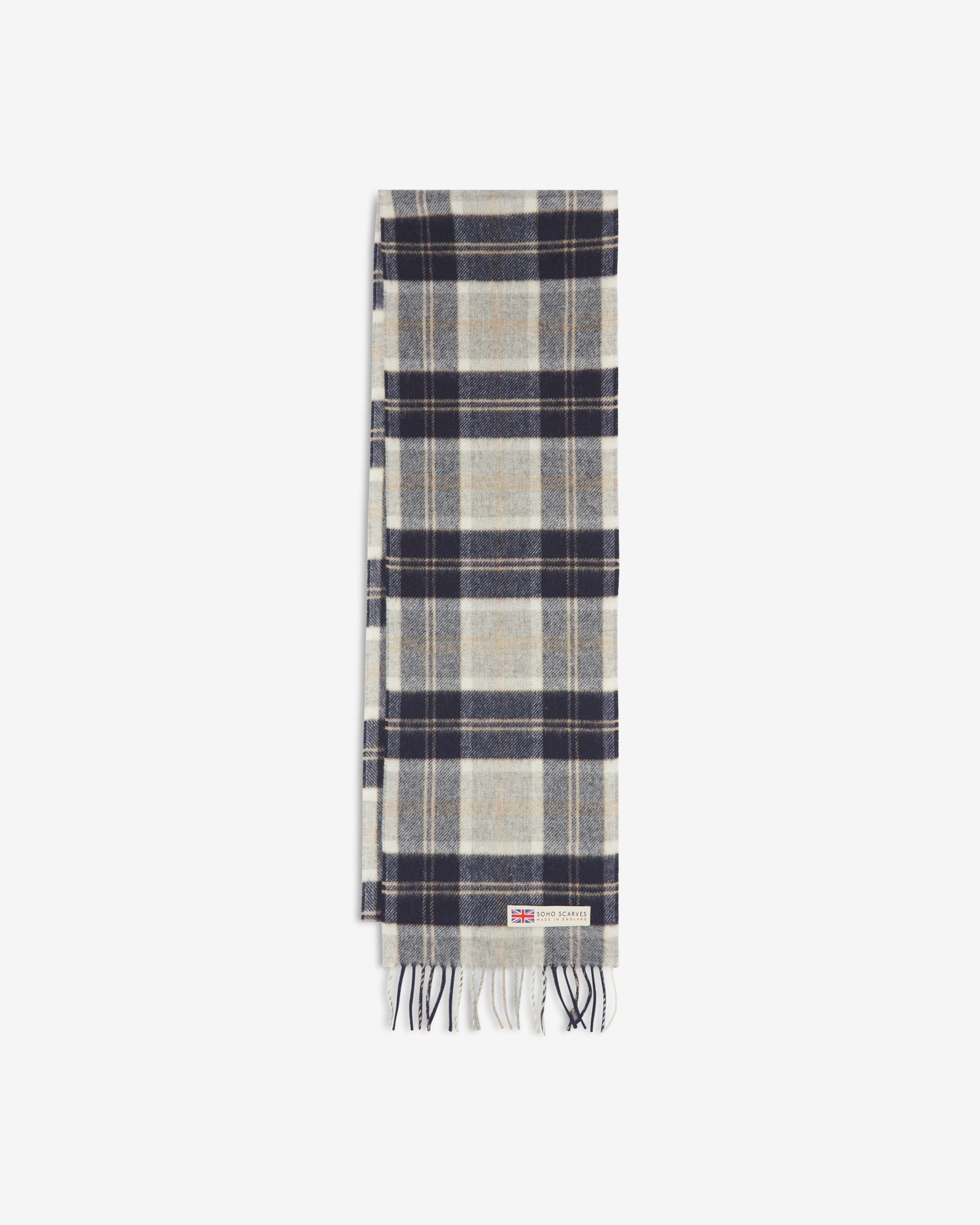 The 'Highlands' tartan in silver scarf arranged in a rectangle shape, clearly showing the scarf dimensions, tartan proportions, fringing and SOHO Scarves branding logo.