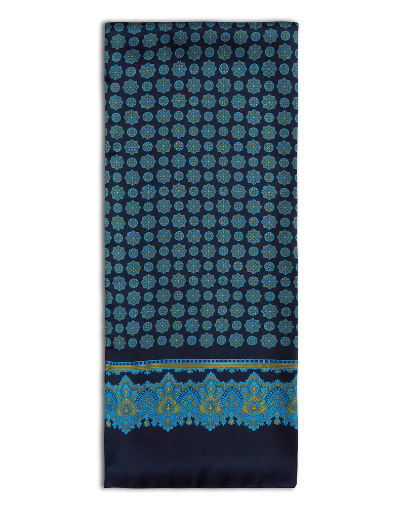 'The James' geometric black polyester scarf arranged in a rectangular shape, clearly showing the multi-coloured floral and star patterns.