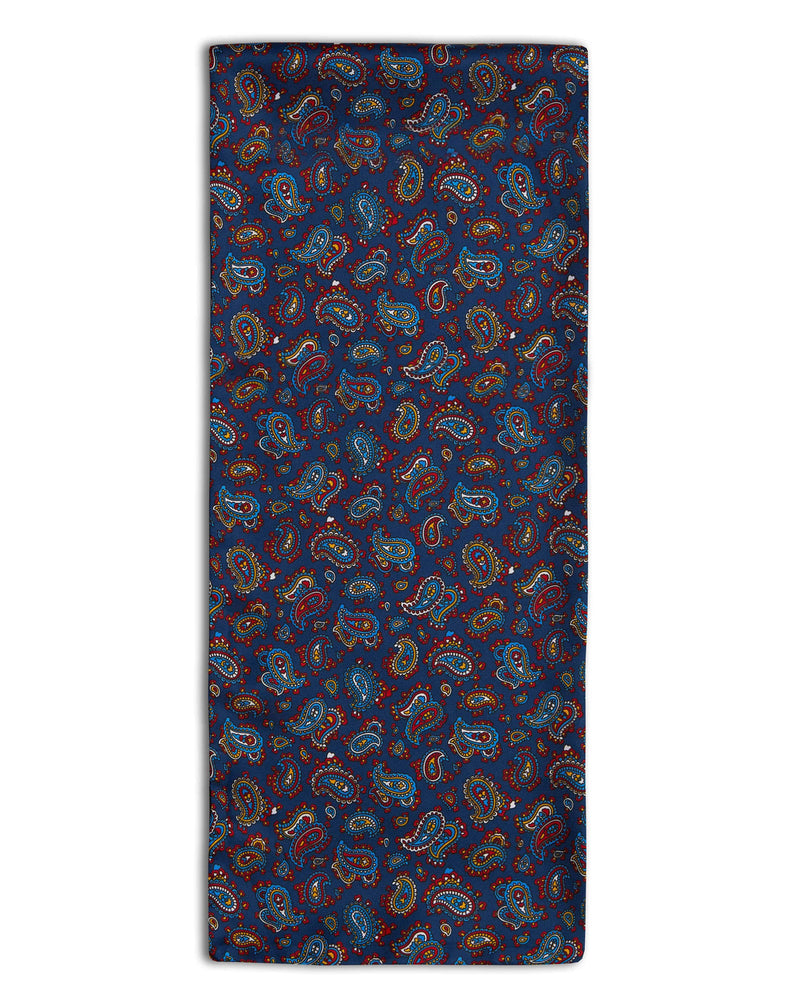'The Lexington' polyester scarf arranged in a rectangular shape, clearly showing the deep blue coloured fabric and small paisley patterns.