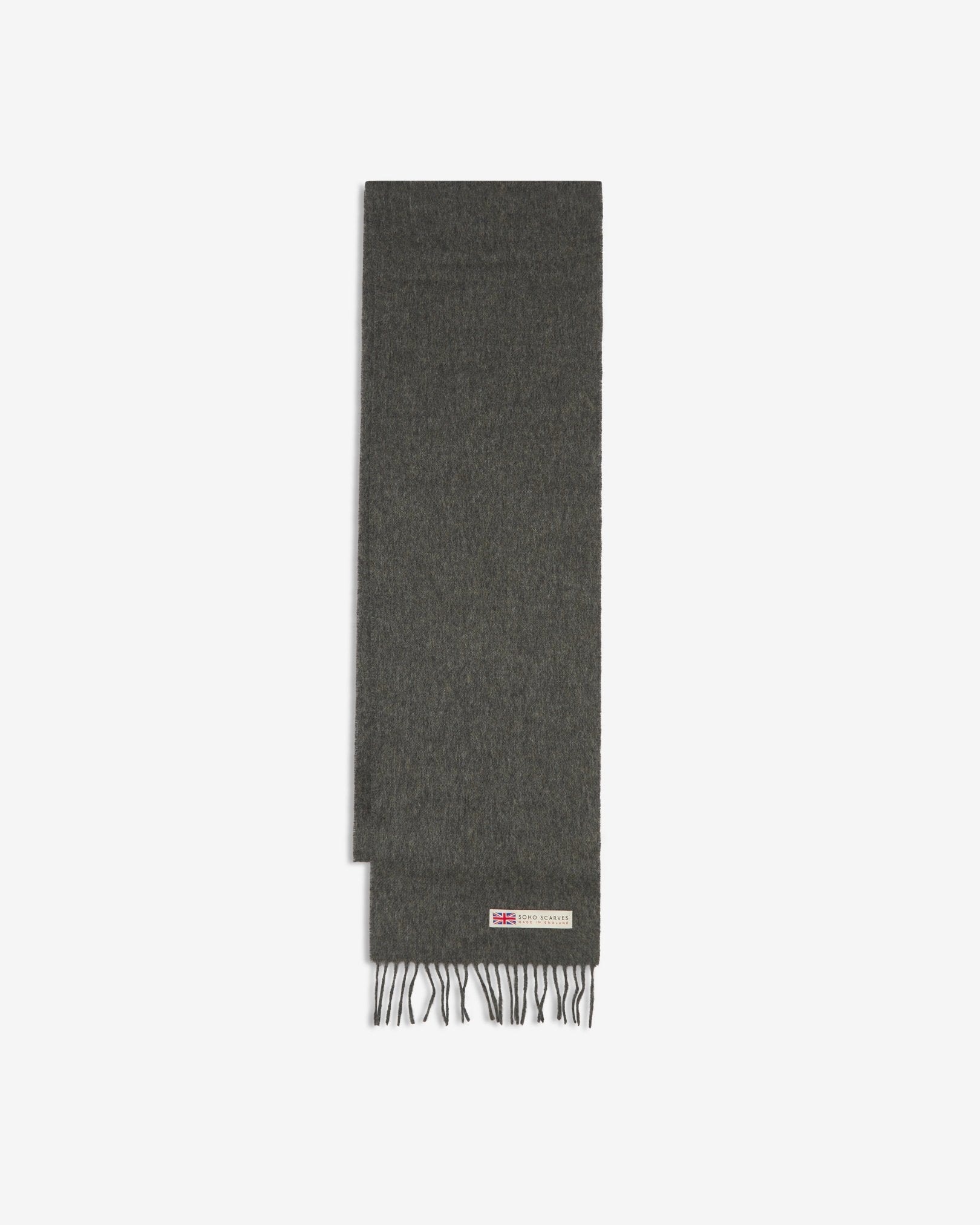 The 'lowlands' tartan dress in grey scarf arranged in a rectangle shape, clearly showing the scarf dimensions, fringing and SOHO Scarves branding logo.