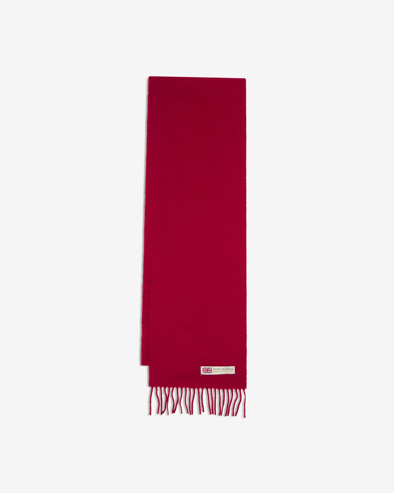 The 'lowlands' tartan dress in scarlet-red scarf arranged in a rectangle shape, clearly showing the scarf dimensions, fringing and SOHO Scarves branding logo.