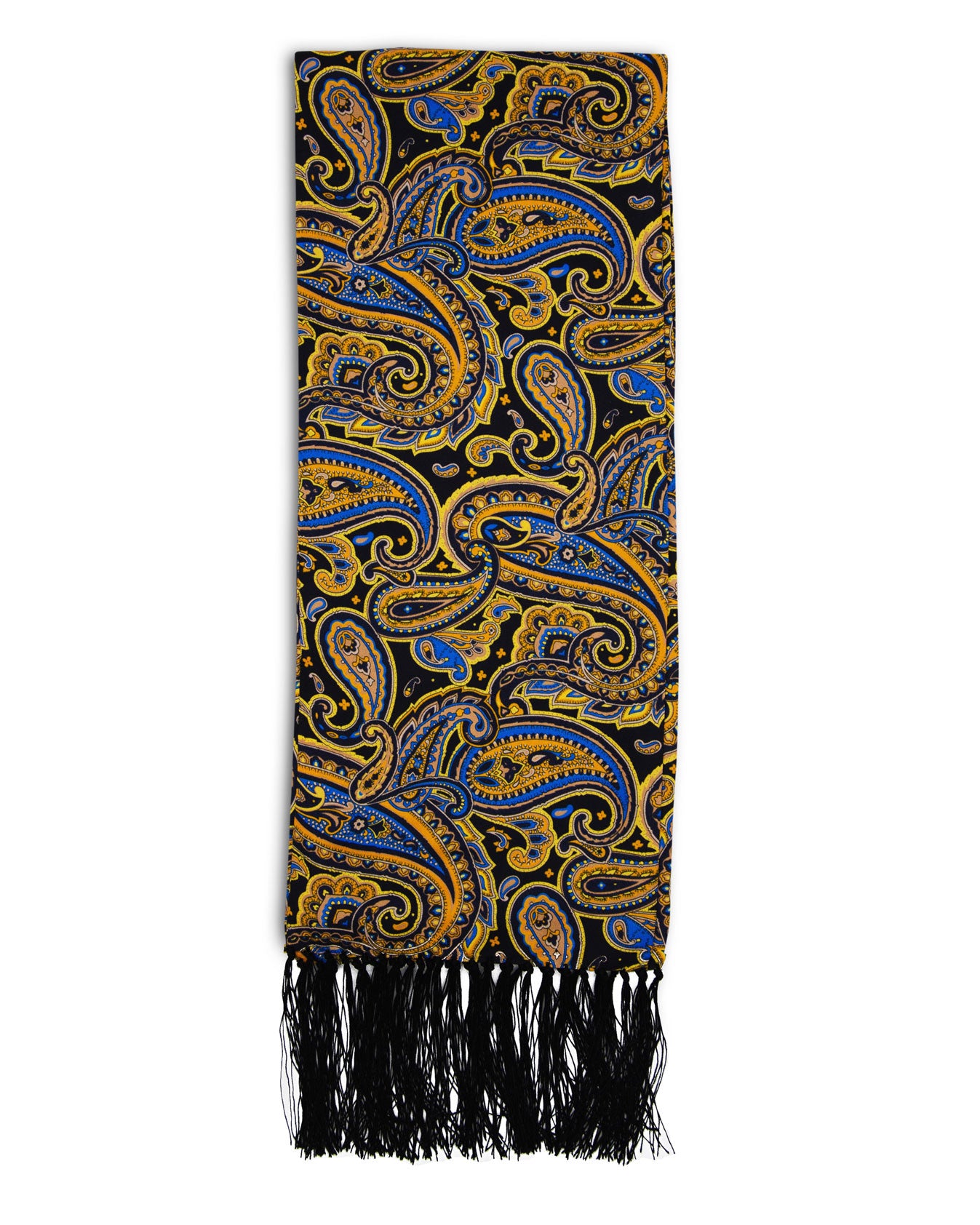 A flat view of 'The Ormond' silk aviator scarf. Clearly showing the intricate swirls of blue and yellow-gold paisley set on a black ground with matching 3 inch fringe.