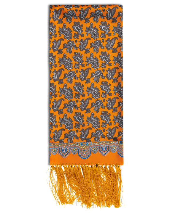 'The Richmond' paisley silk aviator arranged in a rectangular shape, clearly showing vibrant orange fabric with brown paisley patterns.