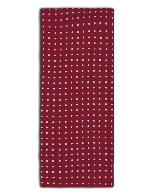 'The Sapporo' polka-dot polyester scarf arranged in a rectangular shape, clearly showing the maroon coloured fabric with white dots.