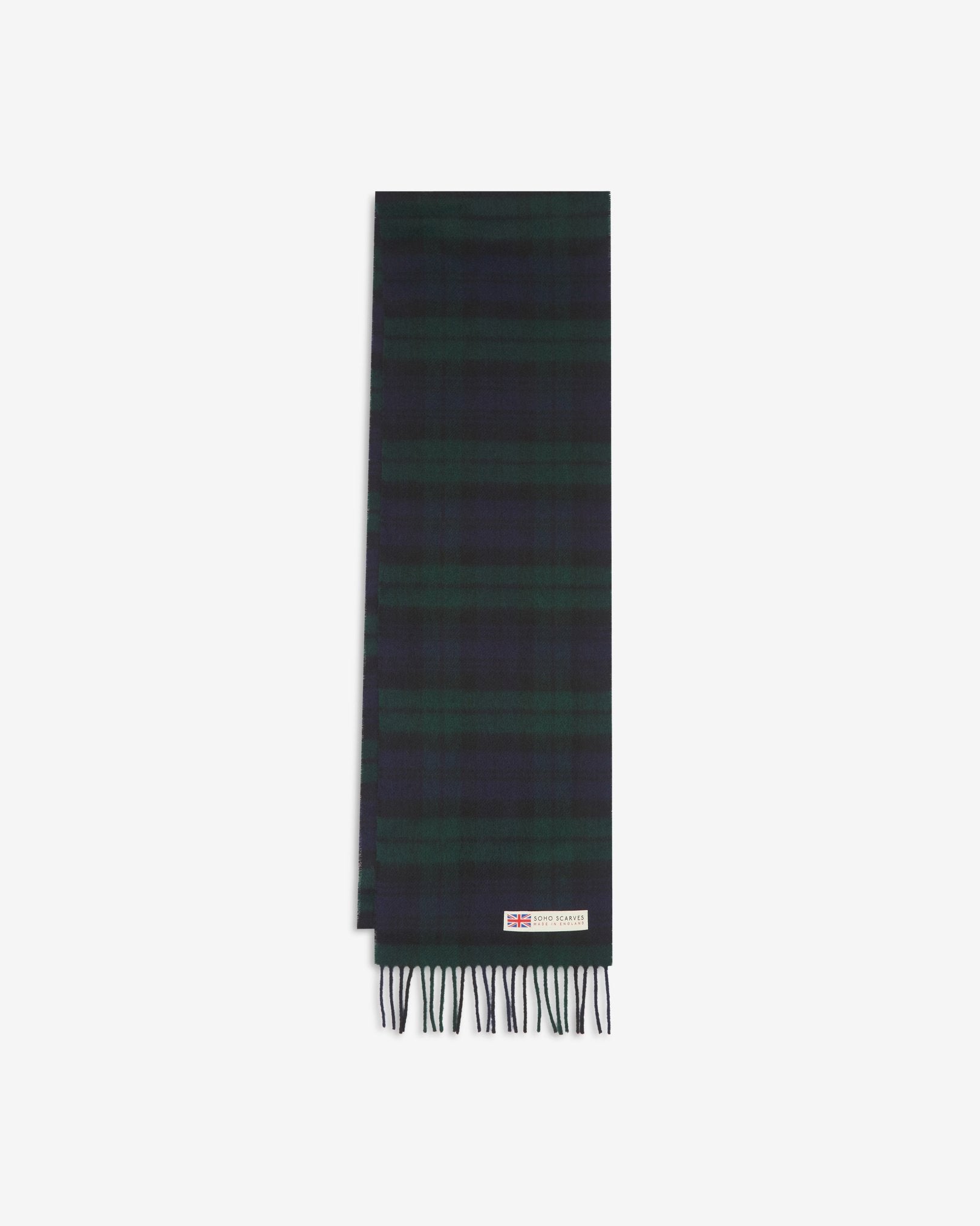 The 'Shetland' tartan in green scarf arranged in a rectangle shape, clearly showing the scarf dimensions, tartan proportions, fringing and SOHO Scarves branding logo.