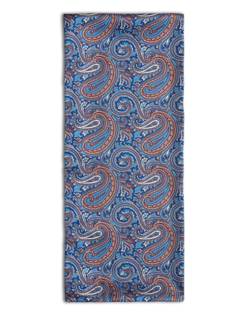 'The Sullivan' dress scarf arranged in a rectangular shape with a focus on the intricate multicoloured paisley swirls on the silk fabric.