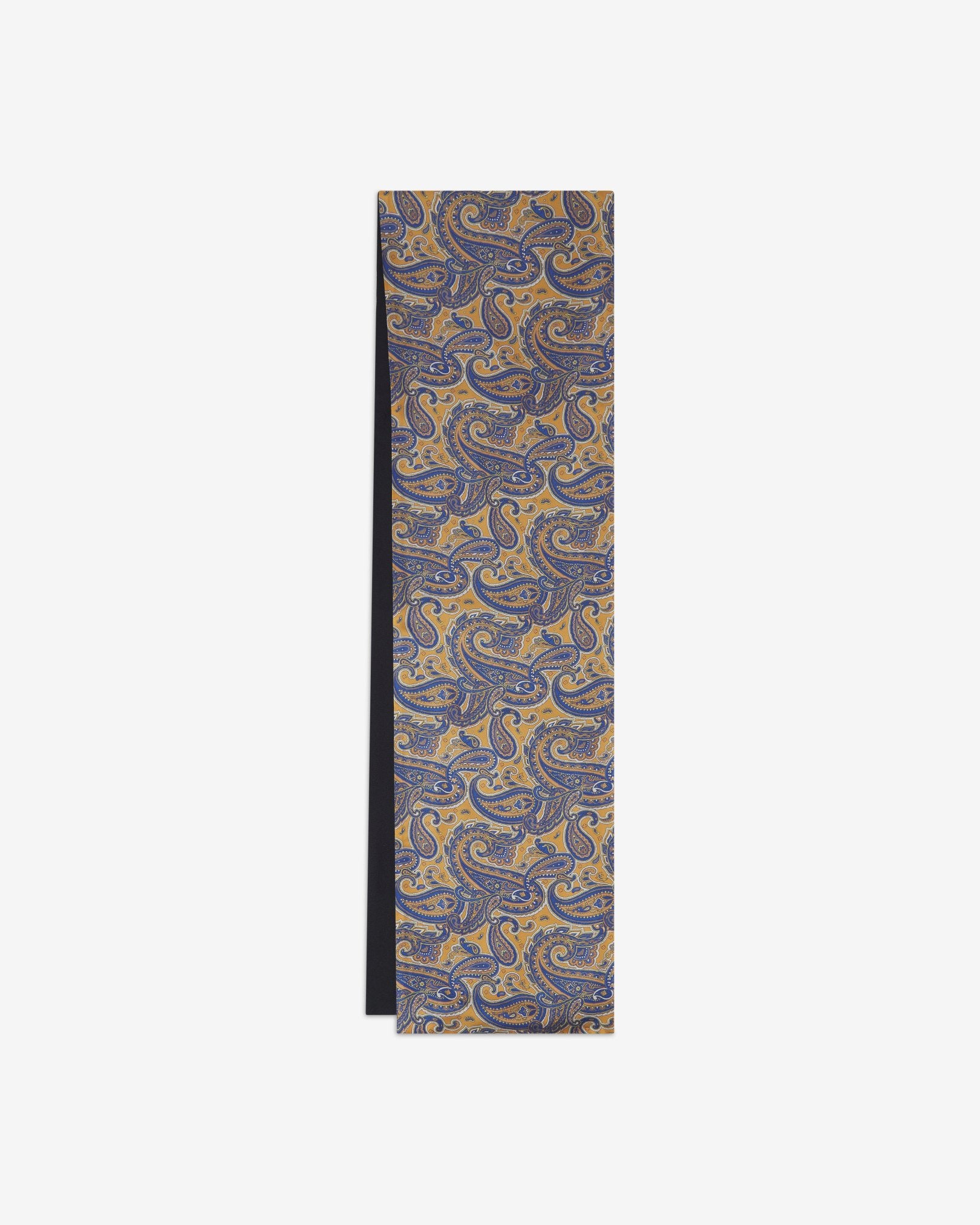 The Vandam dress scarf arranged in a rectangular shape with a focus on the intricate multicoloured paisley swirls on the silk side of the fabric.