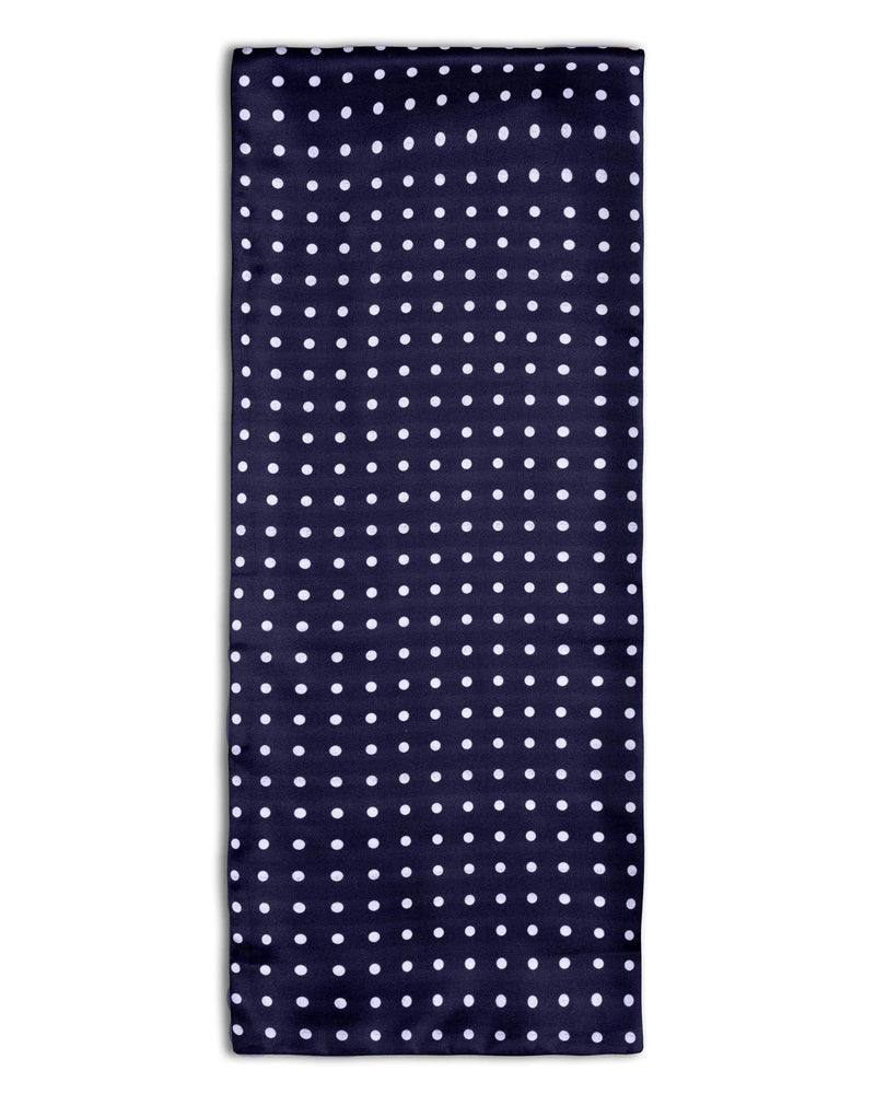 'The Westminster' polyester polka-dot scarf arranged in a rectangular shape, clearly showing the navy-blue fabric with white spots.