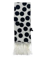 Gable silk aviator scarf arranged in a rectangular shape, clearly showing the white fringe and black polka dots on a white background.