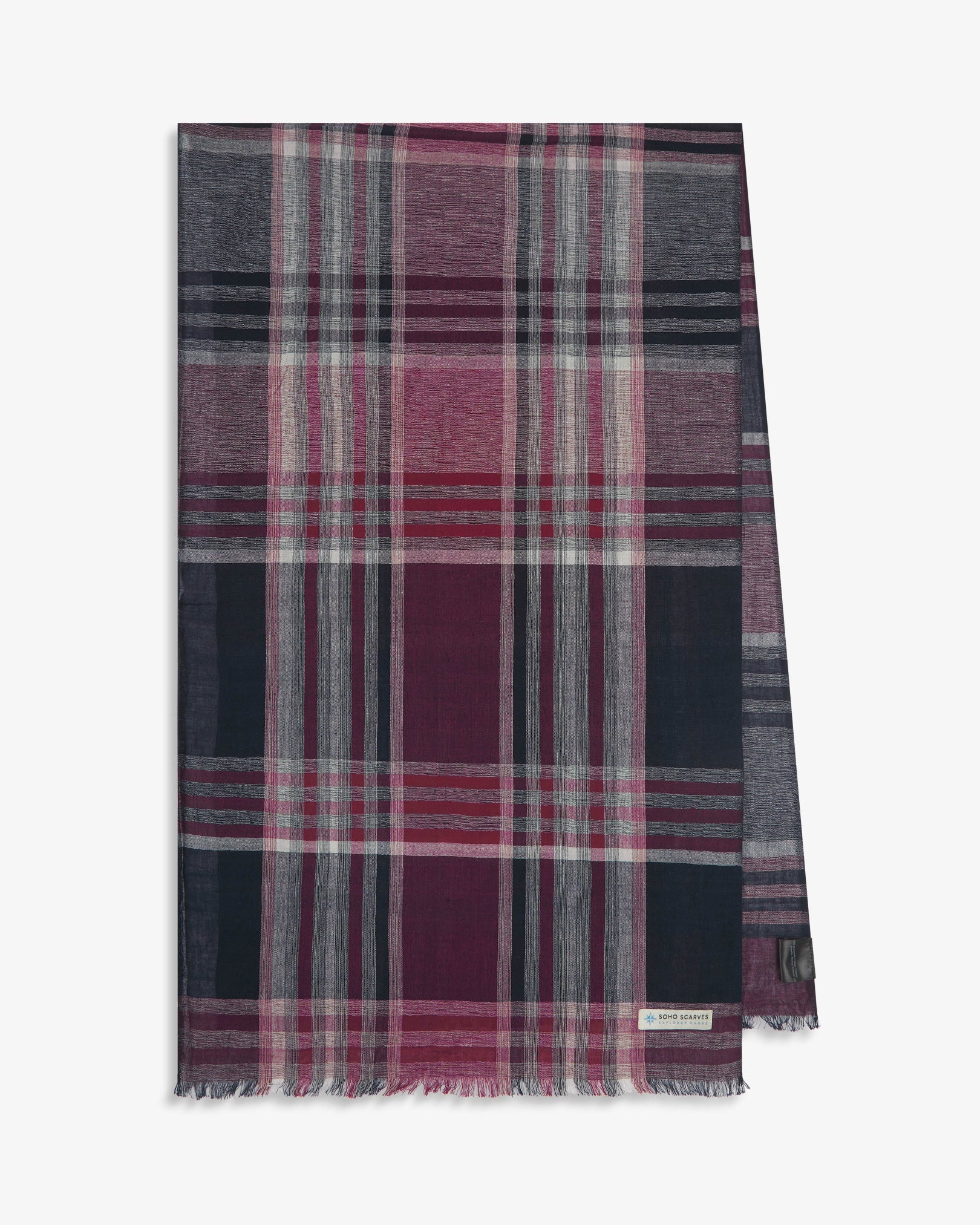 The 'Hillary' scarf arranged in a rectangle shape, clearly showing the scarf dimensions, check proportions and SOHO Scarves branding logo.