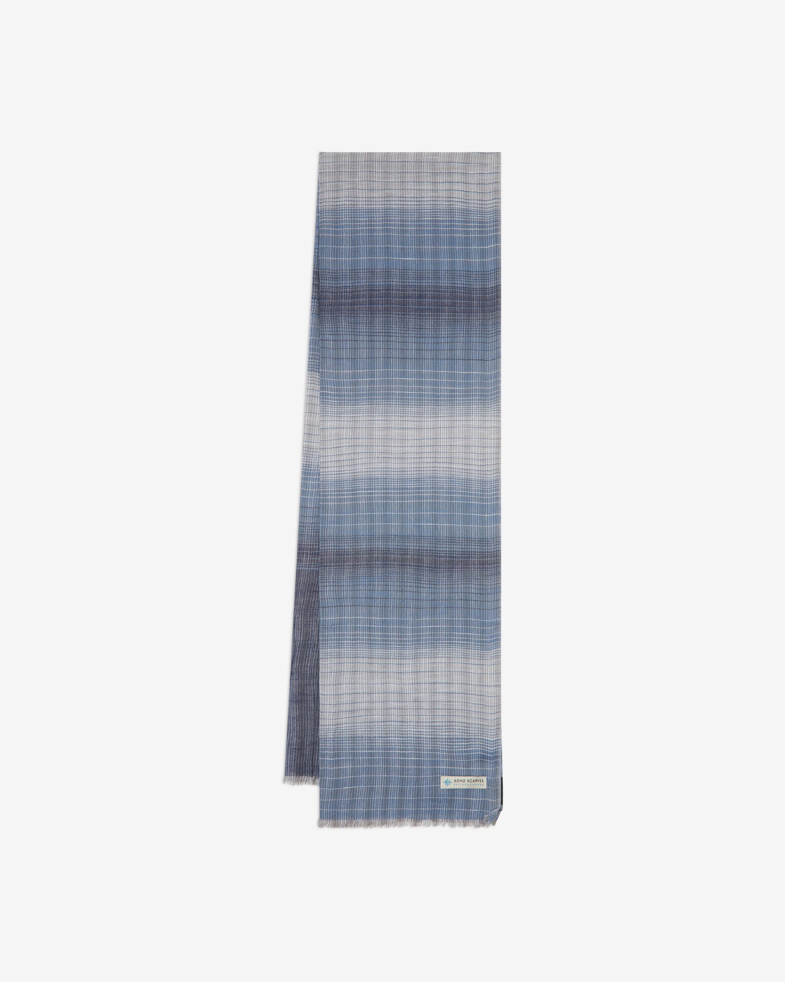 The 'Houlding' scarf arranged in a rectangle shape, clearly showing the scarf dimensions, the striped, gradient transitions and SOHO Scarves branding logo.