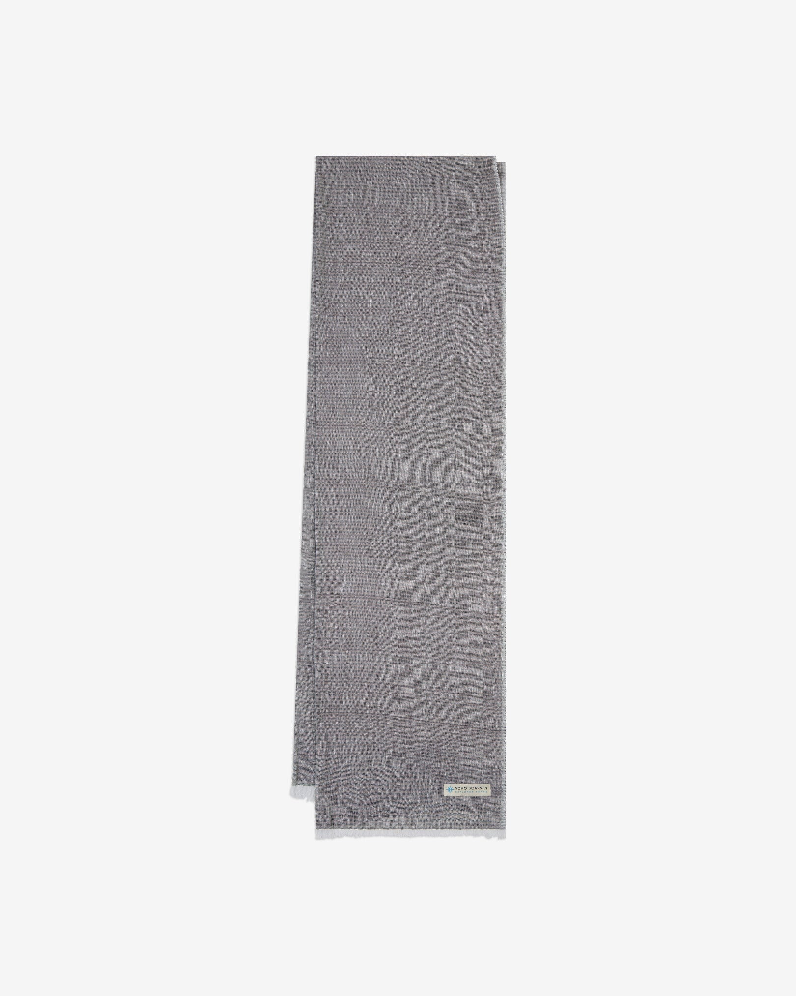 The 'Lawrence' scarf arranged in a rectangle shape, clearly showing the scarf dimensions, grey-fawn fabric with a subtle pinstripe effect, and SOHO Scarves branding logo.