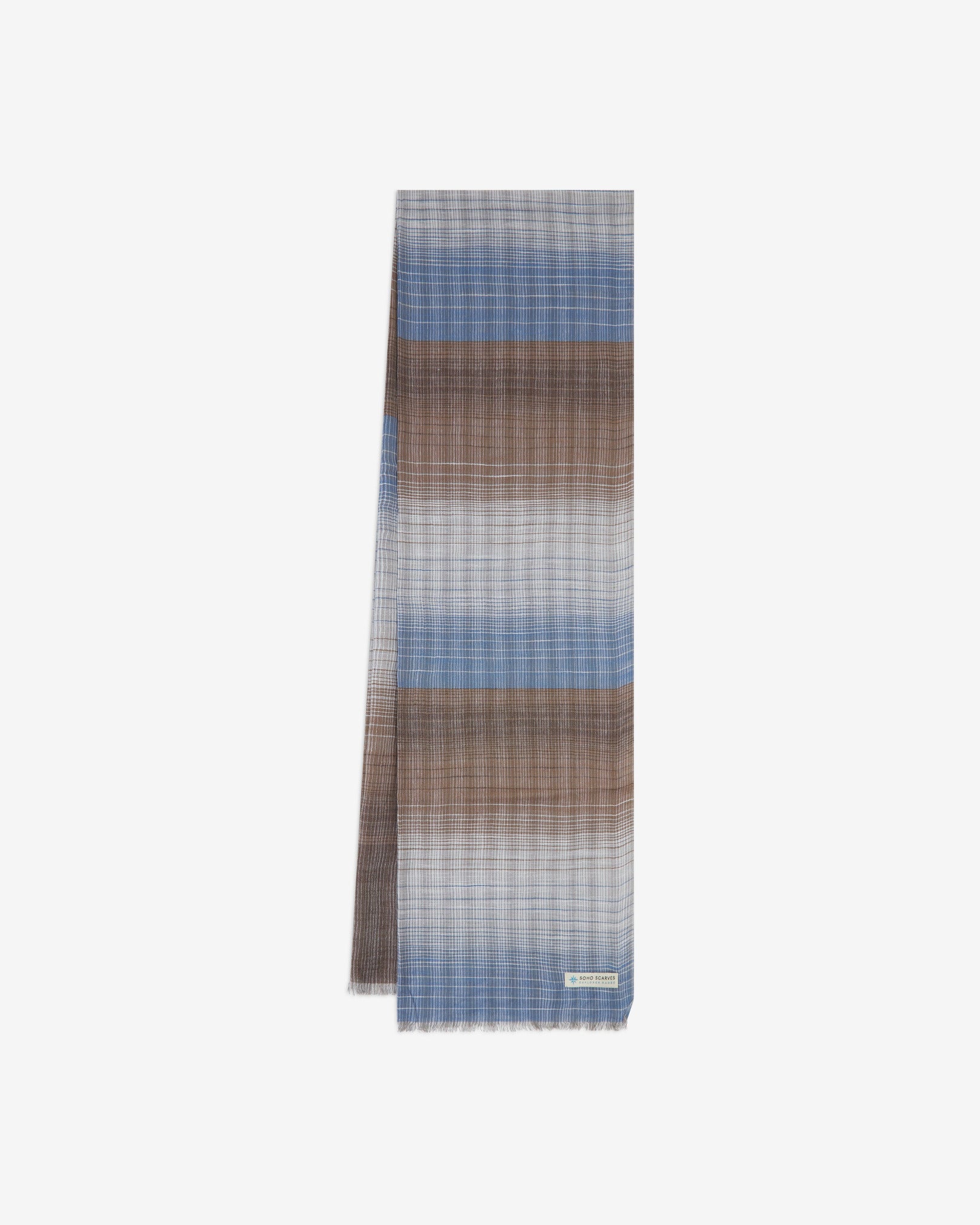 The 'Mallory' scarf arranged in a rectangle shape, clearly showing the scarf dimensions, the striped, gradient transitions and SOHO Scarves branding logo.