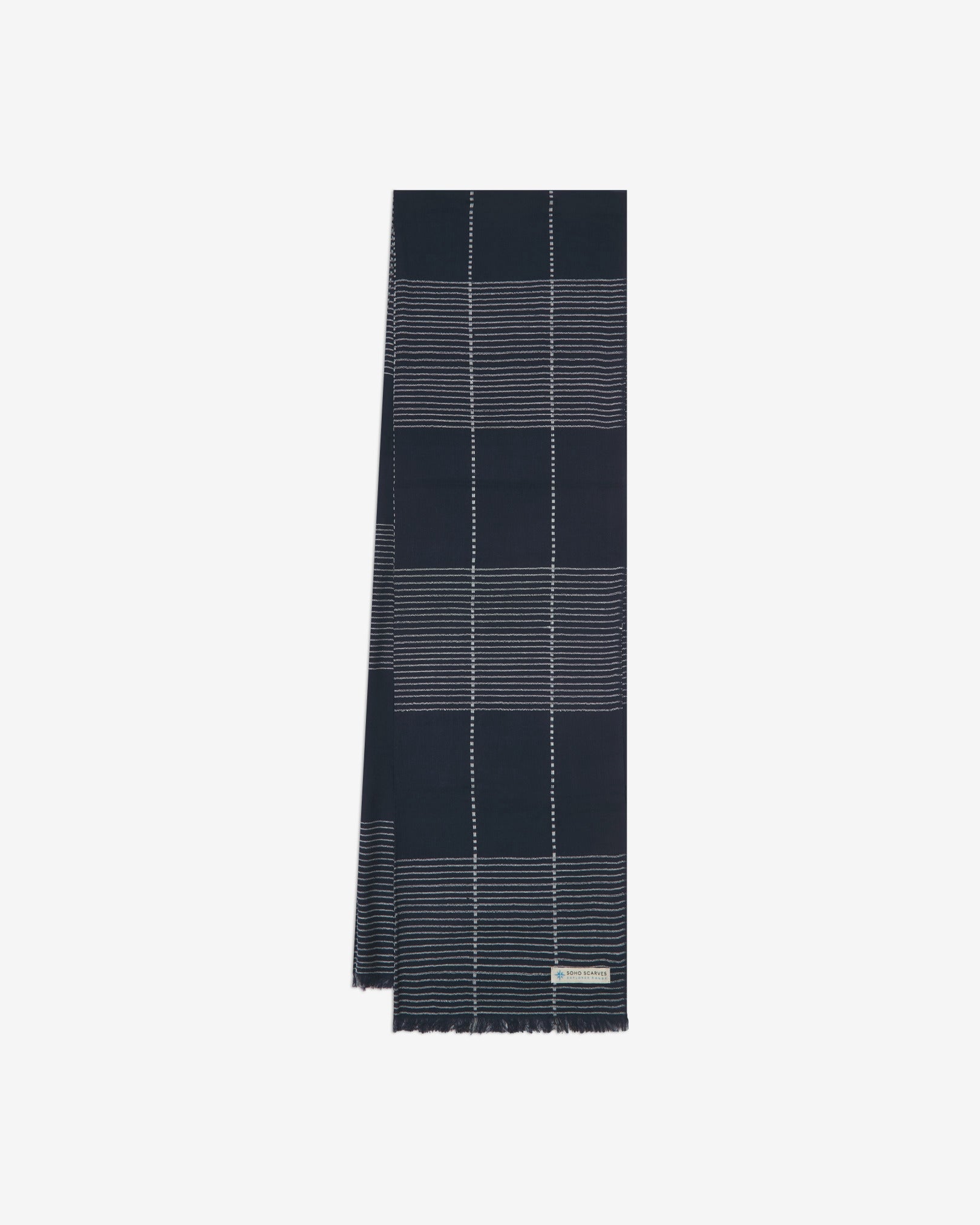 The 'Peake' scarf arranged in a rectangle shape, clearly showing the scarf dimensions, pinstripe pattern proportions and SOHO Scarves branding logo.