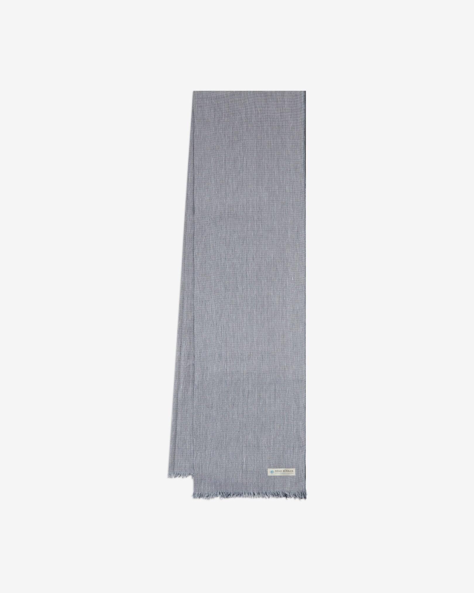 The 'Scott' scarf arranged in a rectangle shape, clearly showing the scarf dimensions, lighter grey marl outer fabric, and SOHO Scarves branding logo.