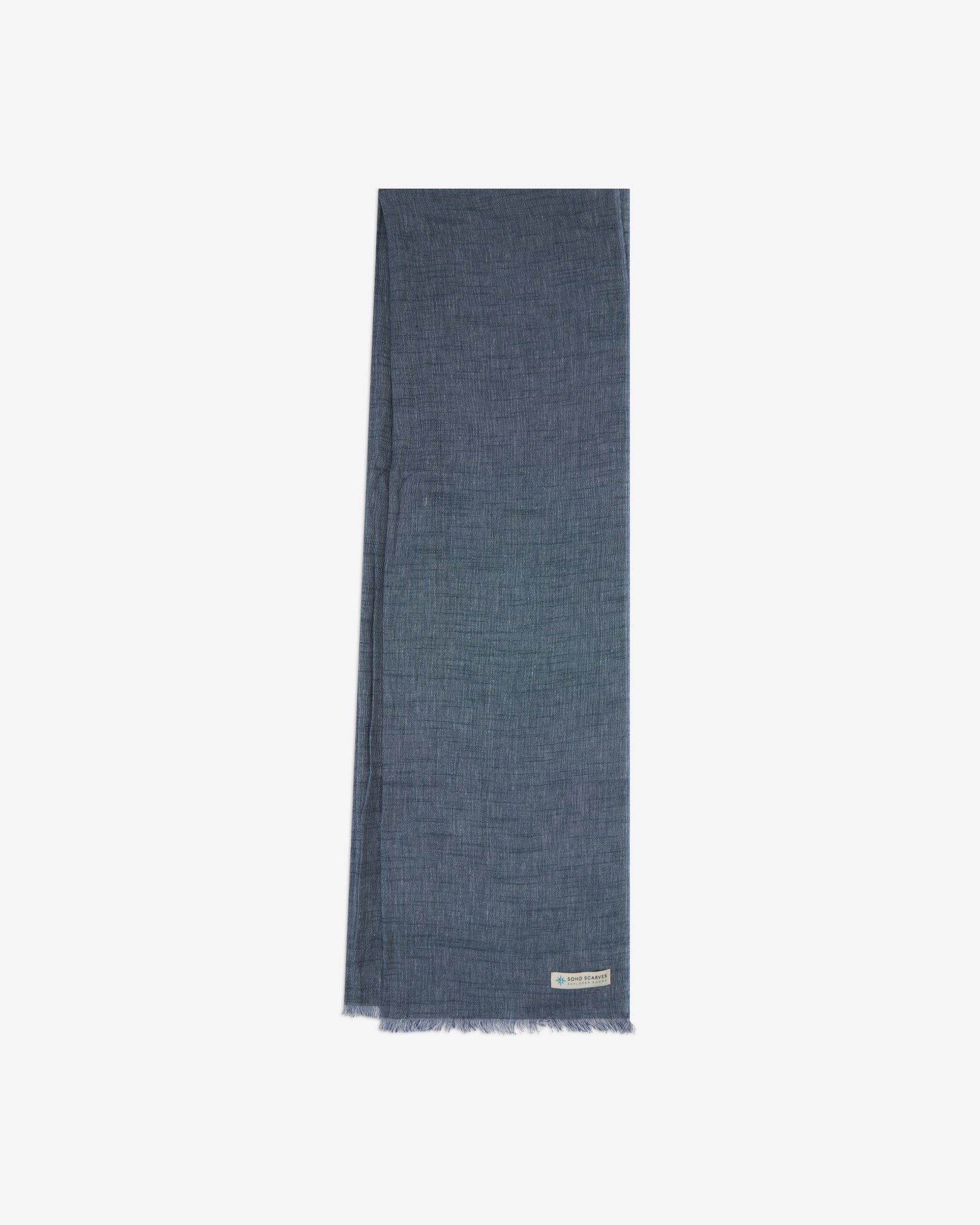 The 'Sharman' scarf arranged in a rectangle shape, clearly showing the scarf dimensions, lighter blue-grey weave, and SOHO Scarves branding logo.