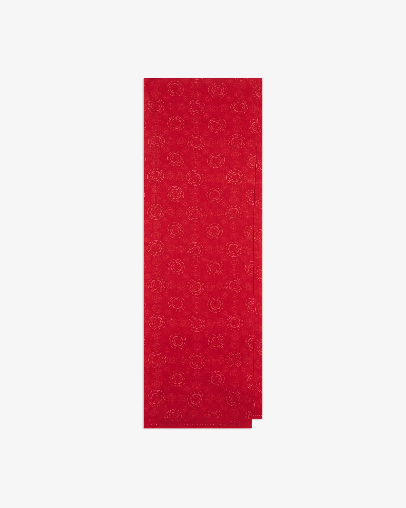 The 'Circles' red bohemian wide scarf folded and presented vertically to show the full dimensions and repeating concentric Op art-inspired disc pattern in white on a bright red background.
