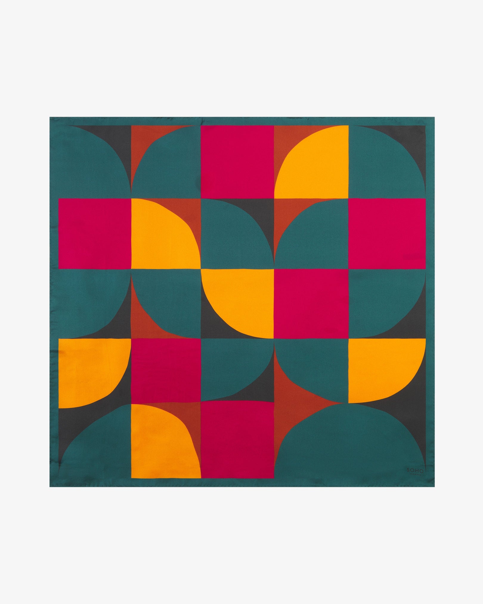 Unfolded 'Retro Teal Four' silk scarf, showing the full pattern of multicoloured semicircle and rectangle patterns.