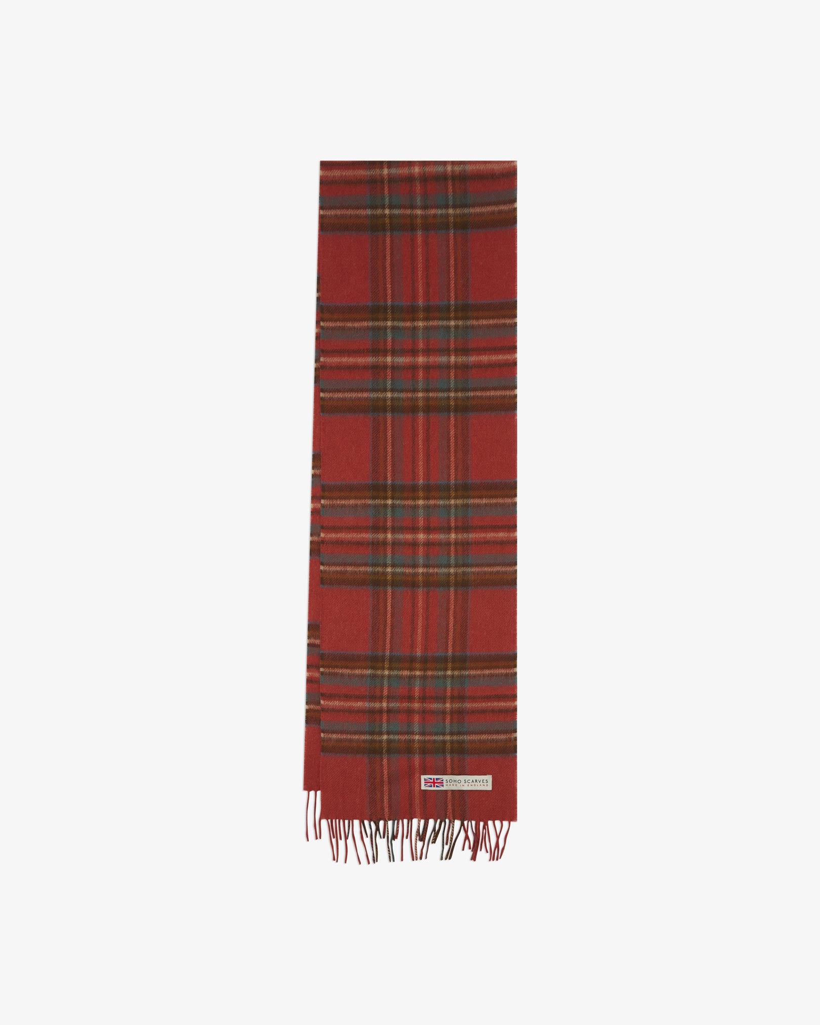 The 'Highlands' tartan in rust scarf arranged in a rectangle shape, clearly showing the scarf dimensions, tartan proportions, fringing and SOHO Scarves branding logo.