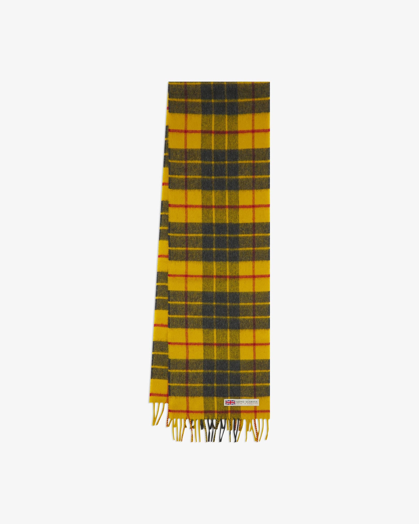 The 'Highlands' tartan in saffron scarf arranged in a rectangle shape, clearly showing the scarf dimensions, tartan proportions, fringing and SOHO Scarves branding logo.