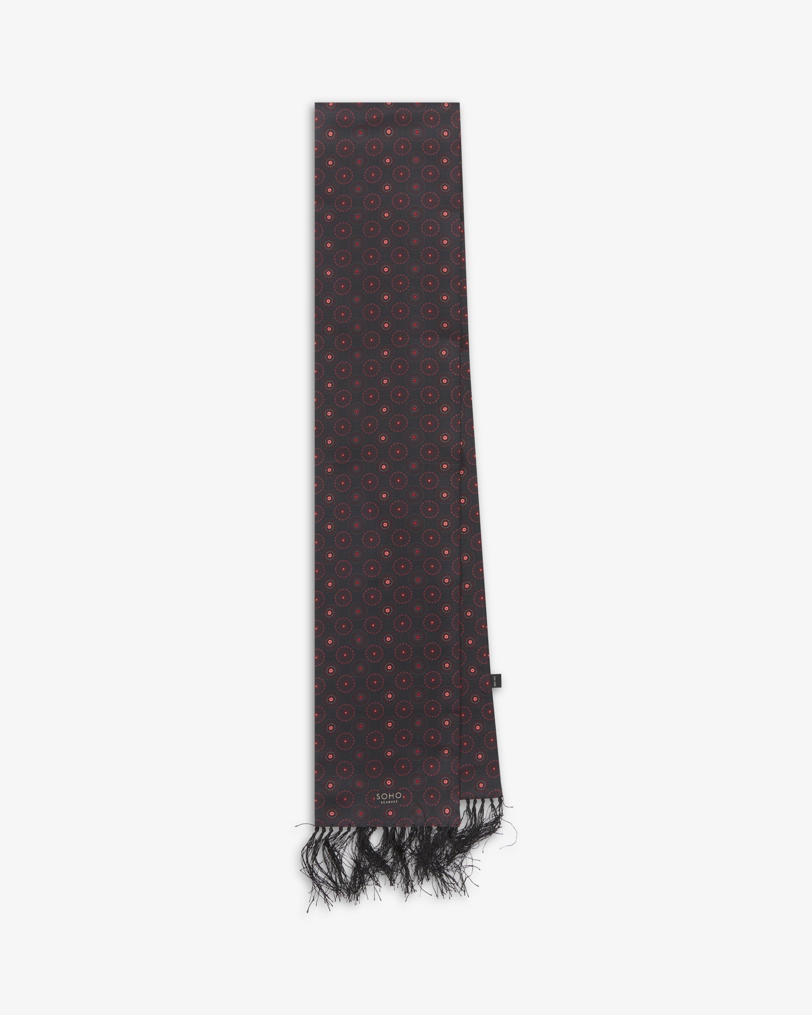 The Seattle Good Fortune pure silk aviator scarf folded and presented vertically illustrating the full scarf dimensions and black fringe.