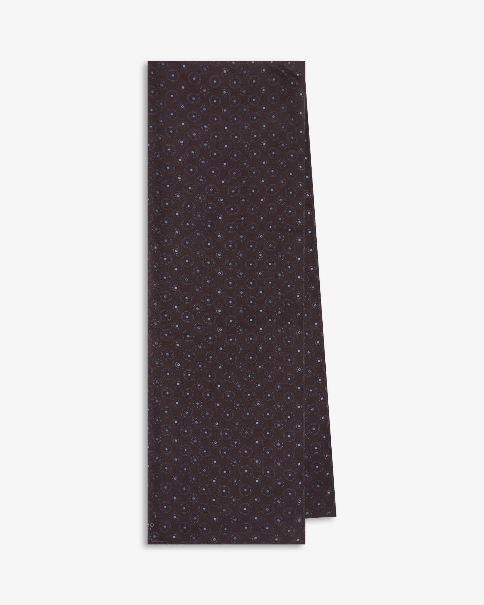 The Seattle 'Mahogany Daze' bohemian wide scarf folded and presented vertically to show the full dimensions and repeating circular pattern in blue and brown on a dark plum background with delicate cream accents.
