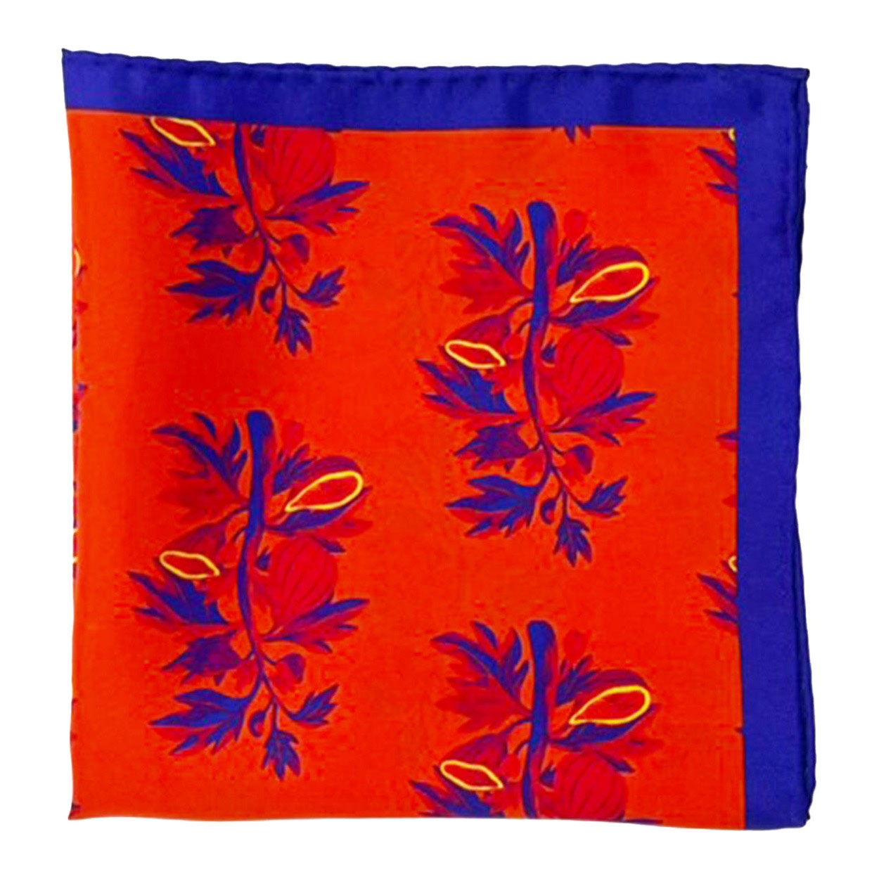 The 'Severn' silk pocket square from SOHO Scarves folded into a quarter, showing the repeat motif in purple and red.