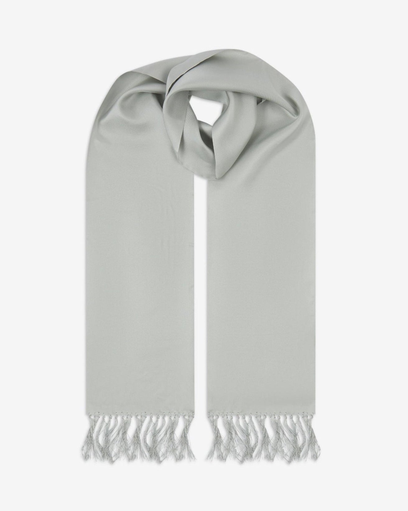 Silver silk aviator scarf from Soho Scarves. Looped with both ends parallel showing the branding label to the right and the matching 8cm long fringes.