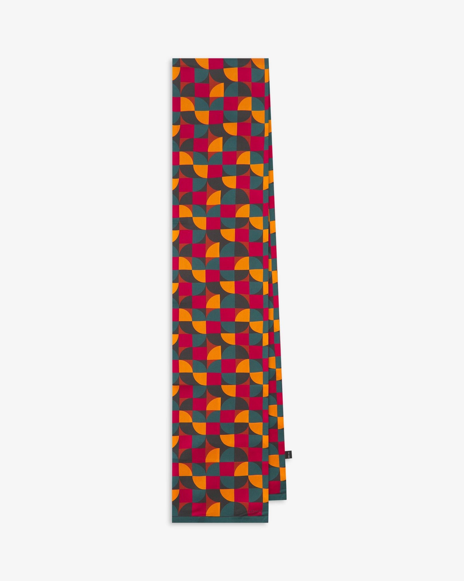 Unfolded 'Stuttgart' silk scarf, showing the full interplay of multicoloured quadrants and square patterns.