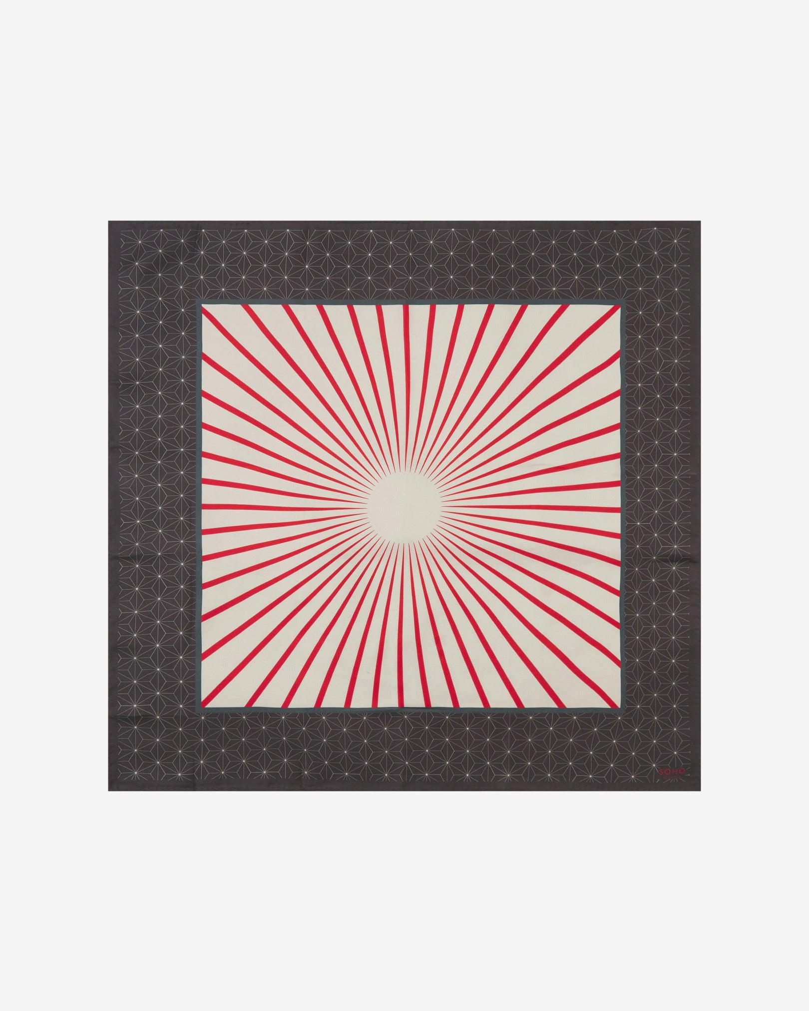 Unfolded 'Sun' silk neckerchief, showing the full Japanese rising sun illustration in red, dark grey and cream.