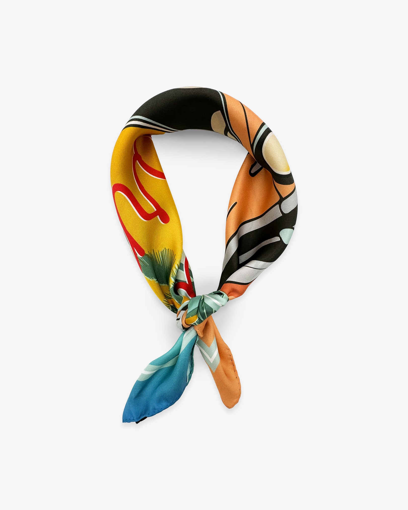 The 'Sunset Ride' pink silk neckerchief SOHO Scarves knotted and looped against a white background.