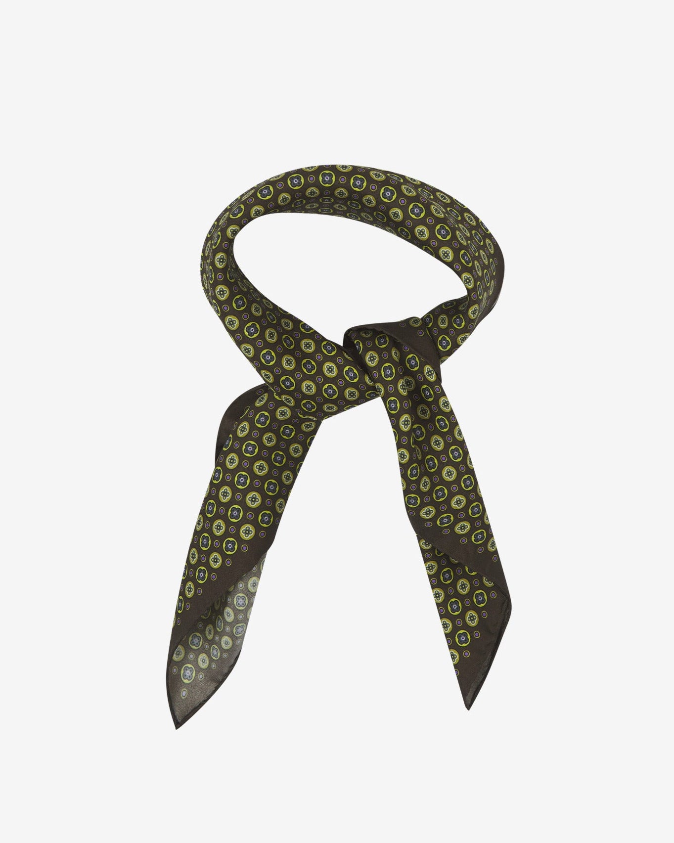 The 'Toshima Green' neckerchief looped and knotted, presenting the purple, grey, and lime floral patterns against the sheen of the fine silk material.
