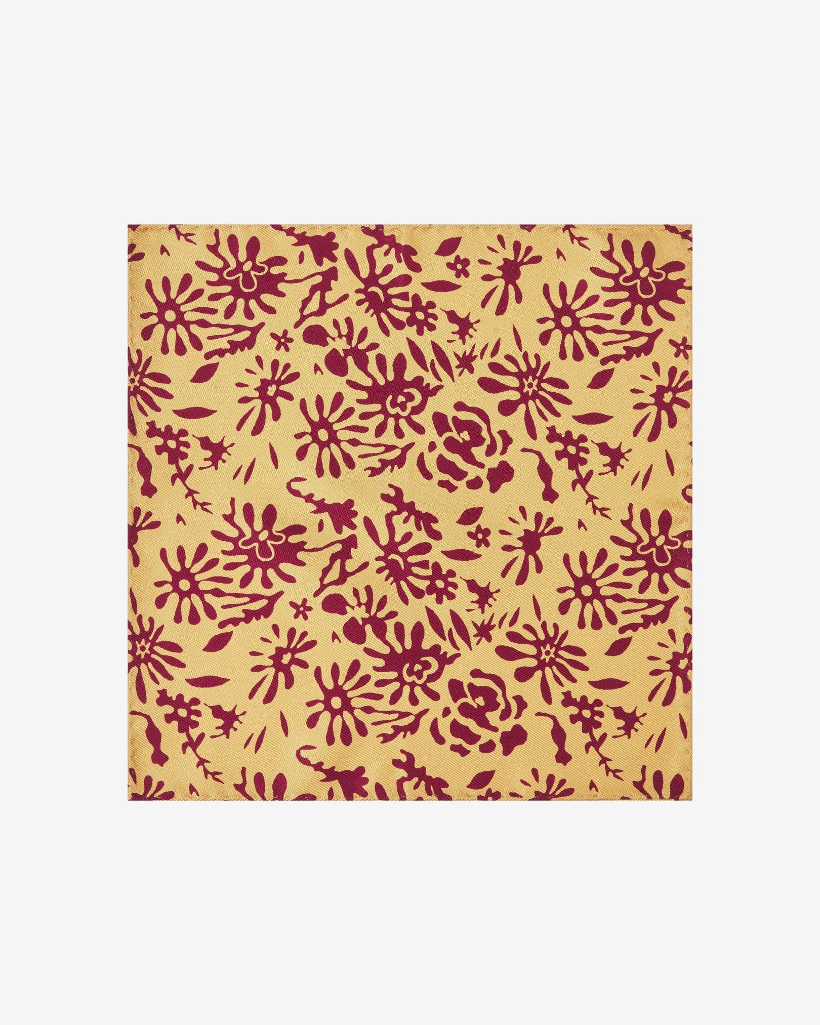 Fully unfolded 'Blenheim' English silk pocket square, showing the attractive organic decorative forms in maroon against a vibrant yellow background.