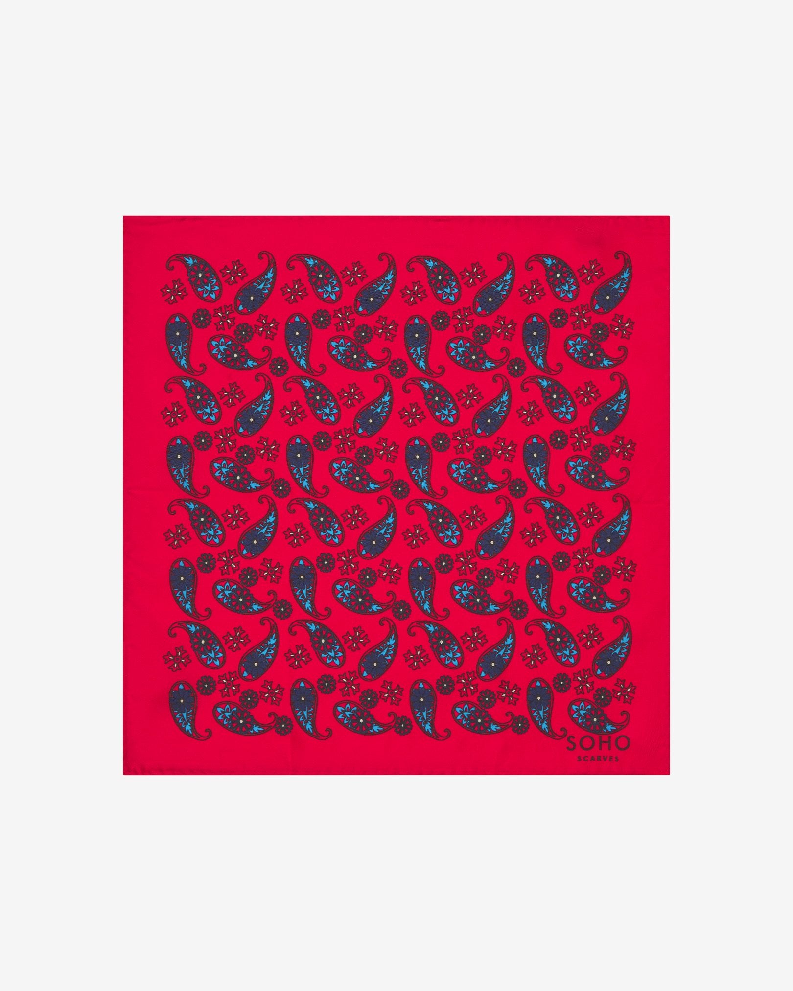 Completely unfolded 'Casablanca' pocket square, showing simple blue paisley 'tears' interdispersed with decorative floral patterns on a bright red background.