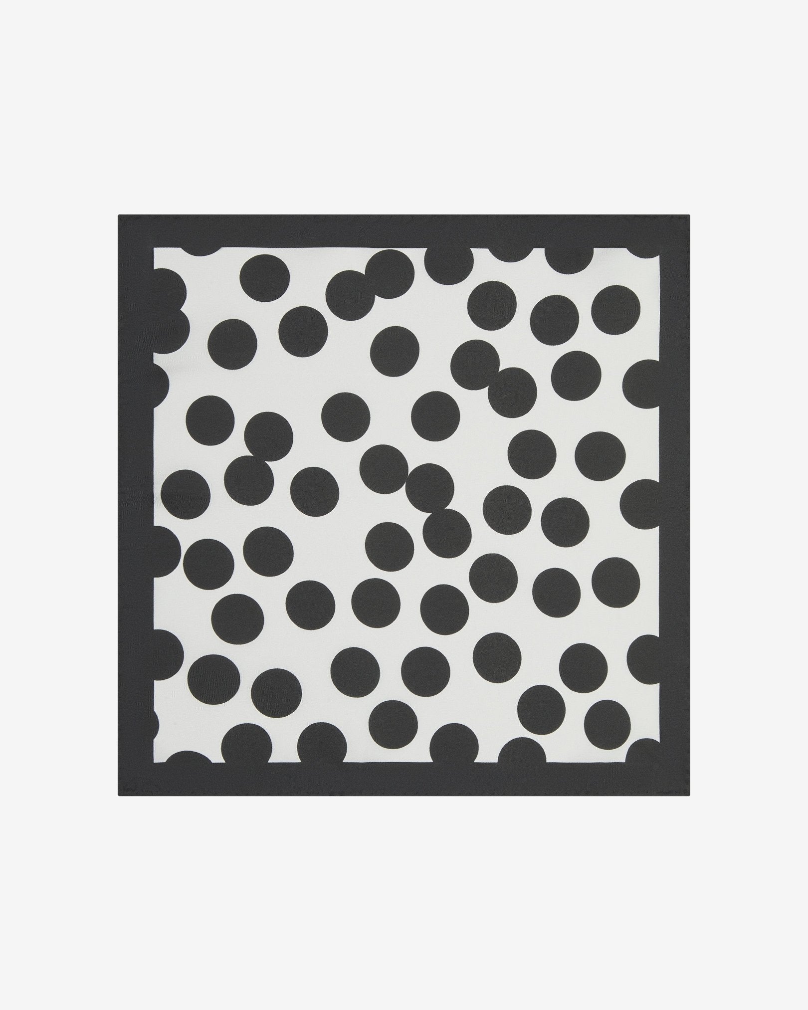 Completely unfolded monochrome silk pocket square showing the entirety of the polka-dot patterns and black border.