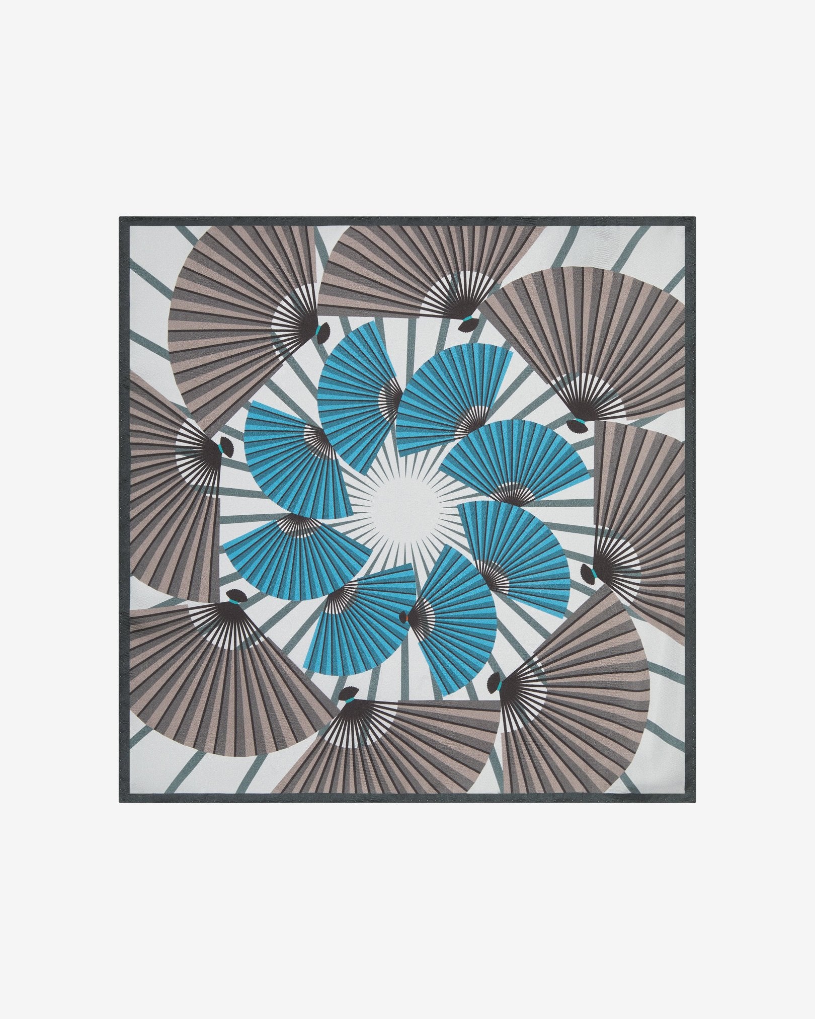 Unfolded 'Fan' pocket square in pure silk. Showing the full kaleidoscopic Japanese fan patterns in grey and blue on an off-white background.