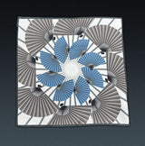 Unfolded 'Fan' pocket square in pure silk. Showing the full Japanese fan patterns in grey and blue on an off-white background.