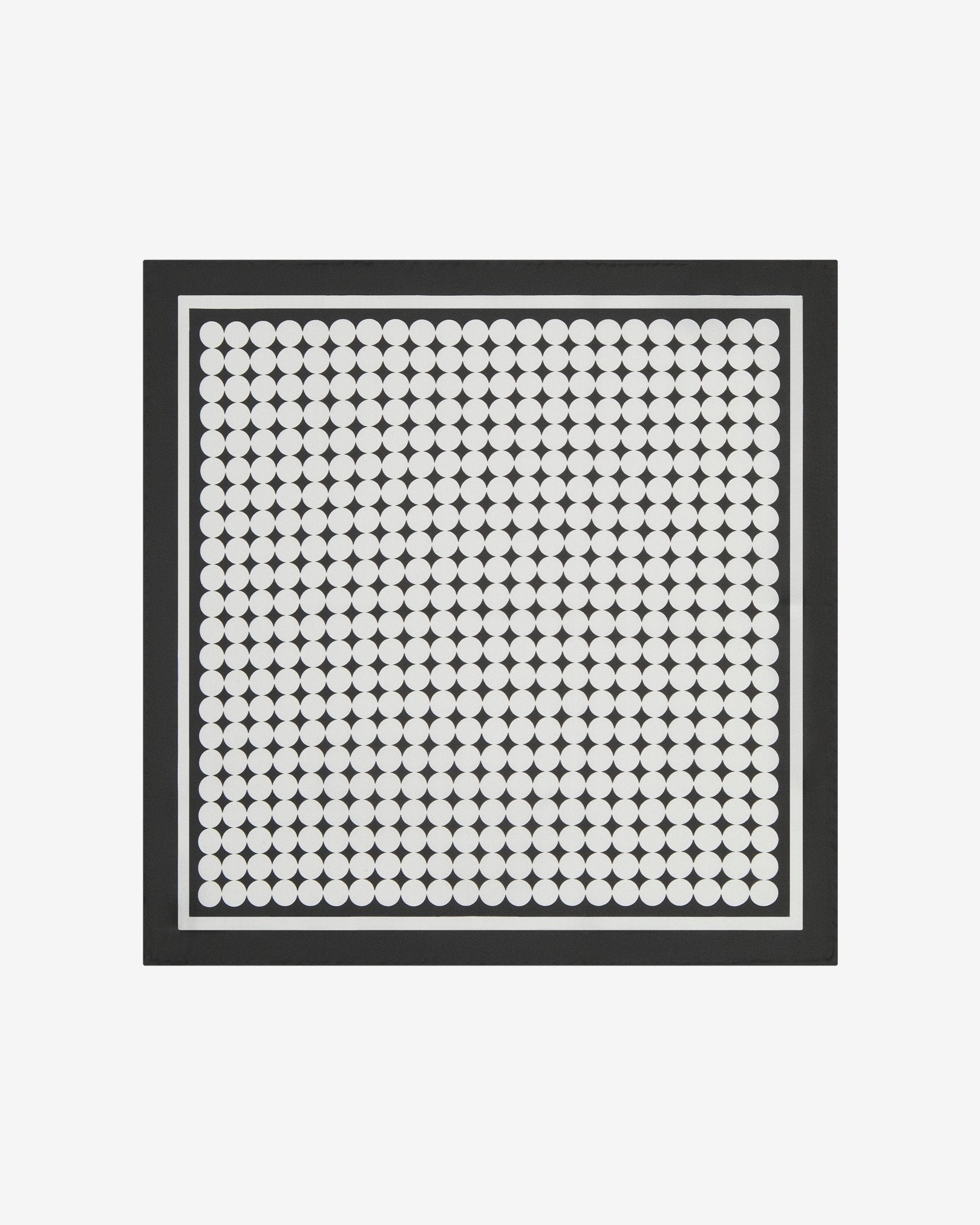 Completely unfolded silk pocket square showing the entirety of the spotted monochrome patterns, neatly framed with a black border.