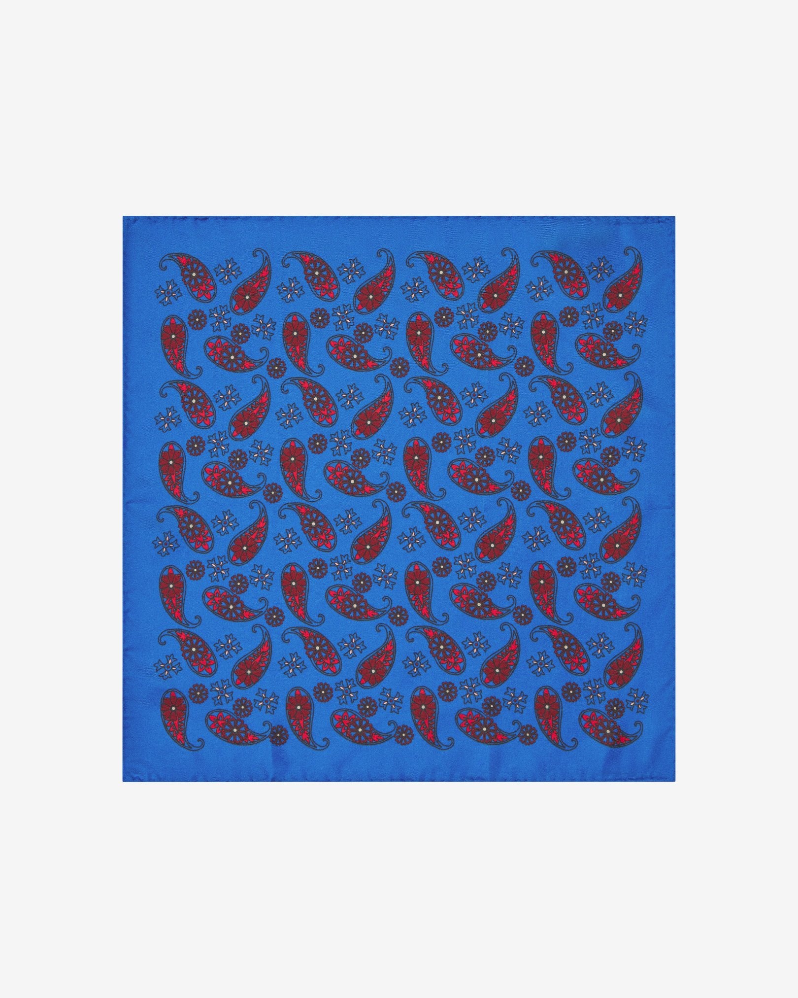 Completely unfolded 'Marrakesh' pocket square, showing simple red paisley 'tears' interdispersed with decorative floral patterns on a bright blue background.

