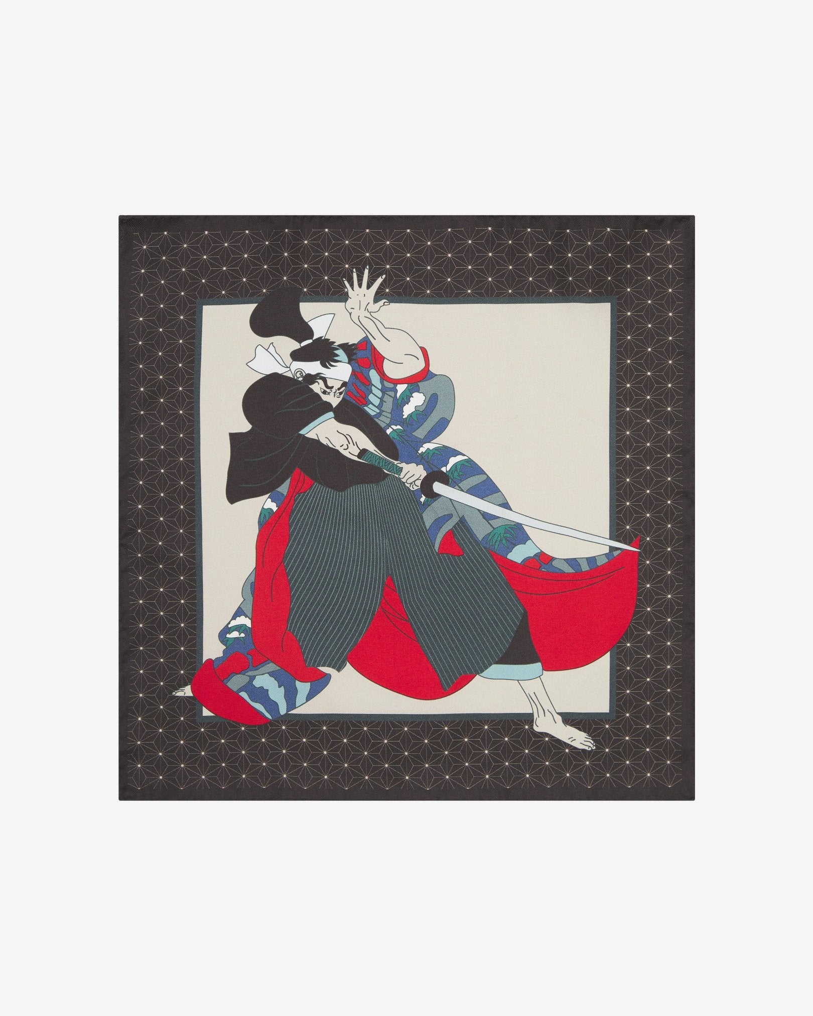 Unfolded 'Samurai' pocket square in pure silk. Showing the full, multicoloured Samurai figure.