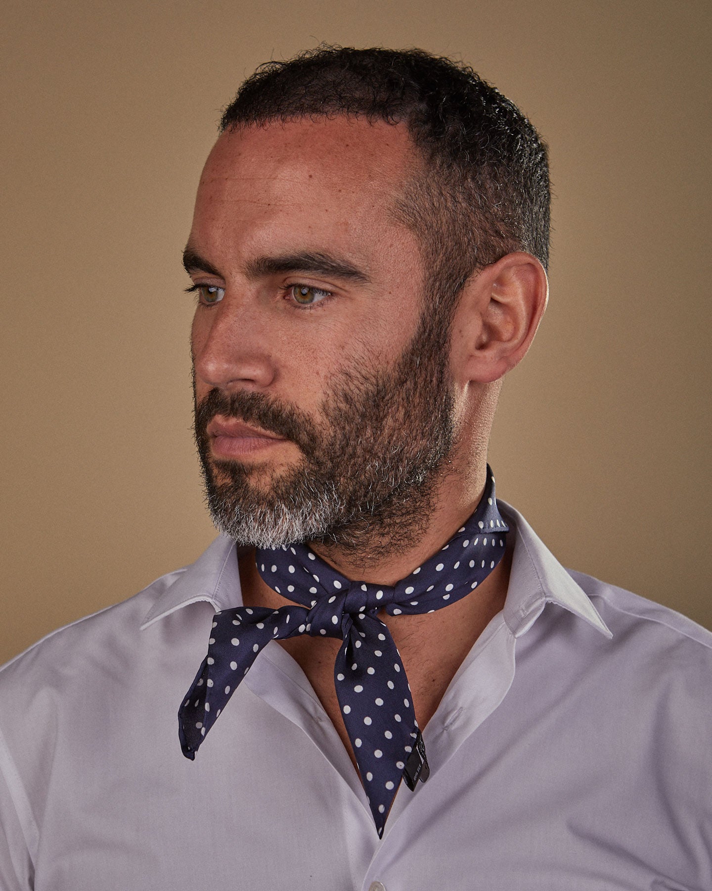 Model facing his right wearing the 'Westminster' blue and white polka dot scarf with knot snugly secured at front of neck and paired with simple white shirt.