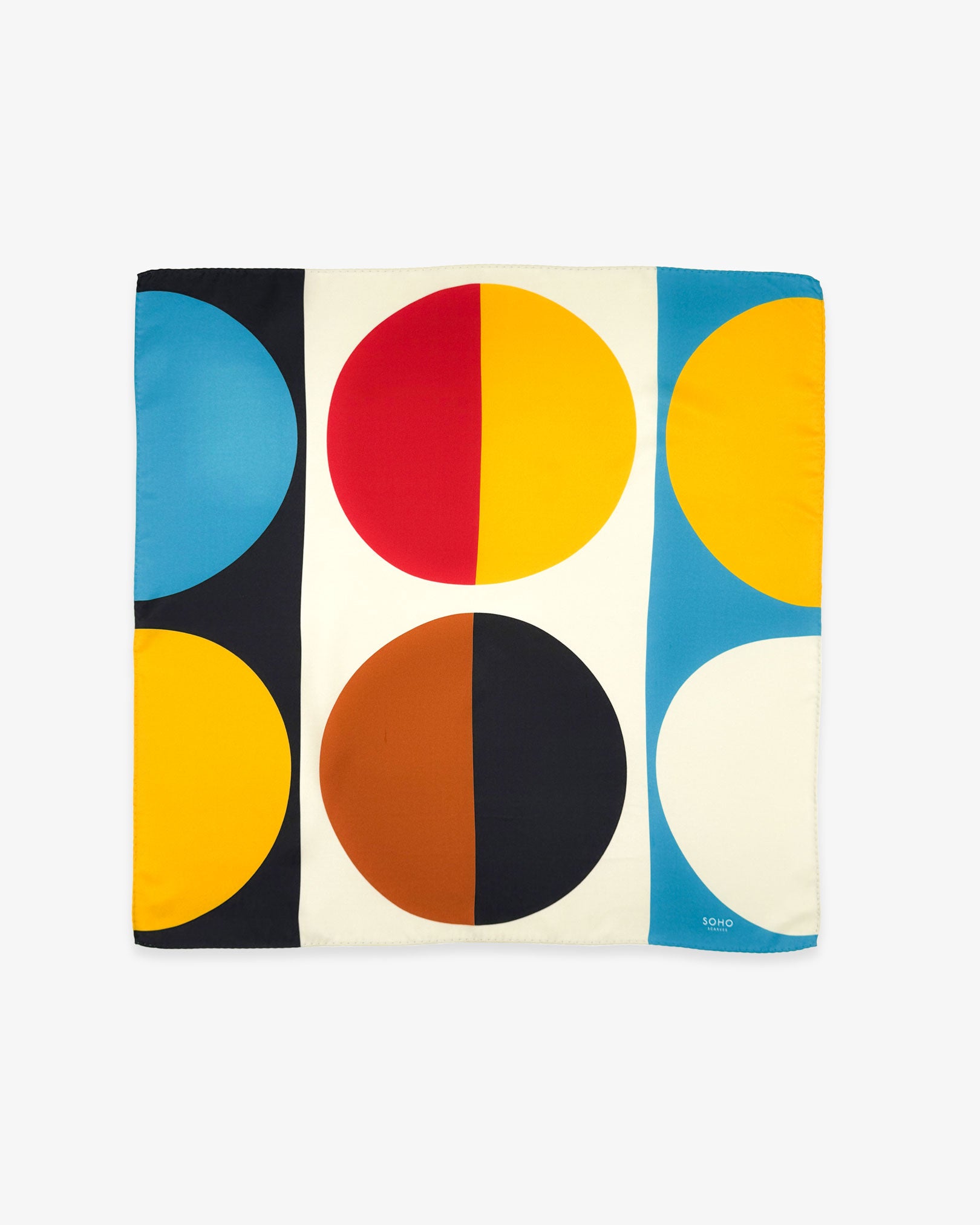 Fully unfolded 'Weimar' silk pocket square, showing the semicircles and rectangular blocks of the Bauhaus inspired, multicoloured palette.