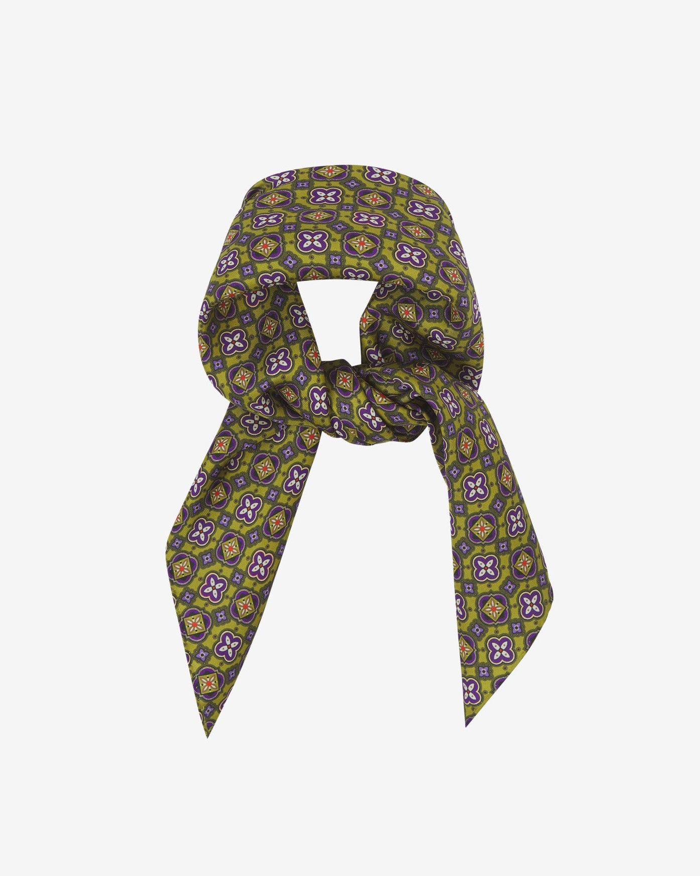 The 'Wenatchee Lime' neckerchief looped and knotted, presenting the floral and geometric patterns of lime and purple against the sheen of the fine silk material.