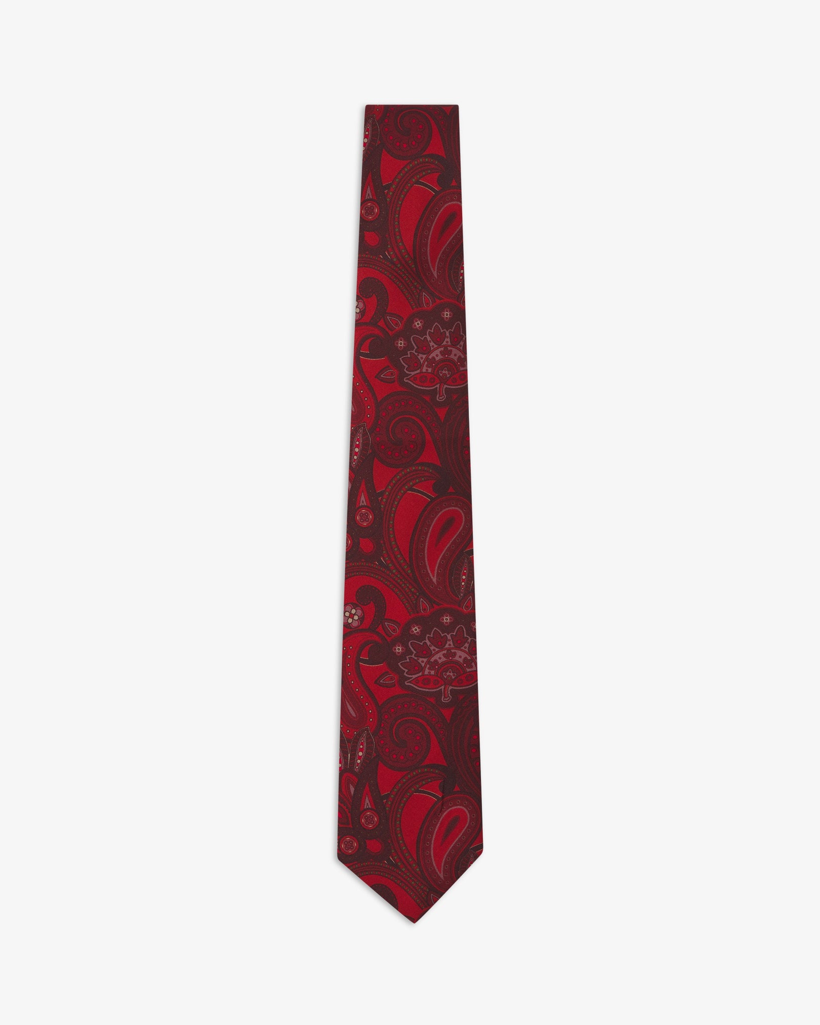 Full-length view of 'Windermere Good Fortune' silk neck tie with dark red paisley patterns against a rich red ground.