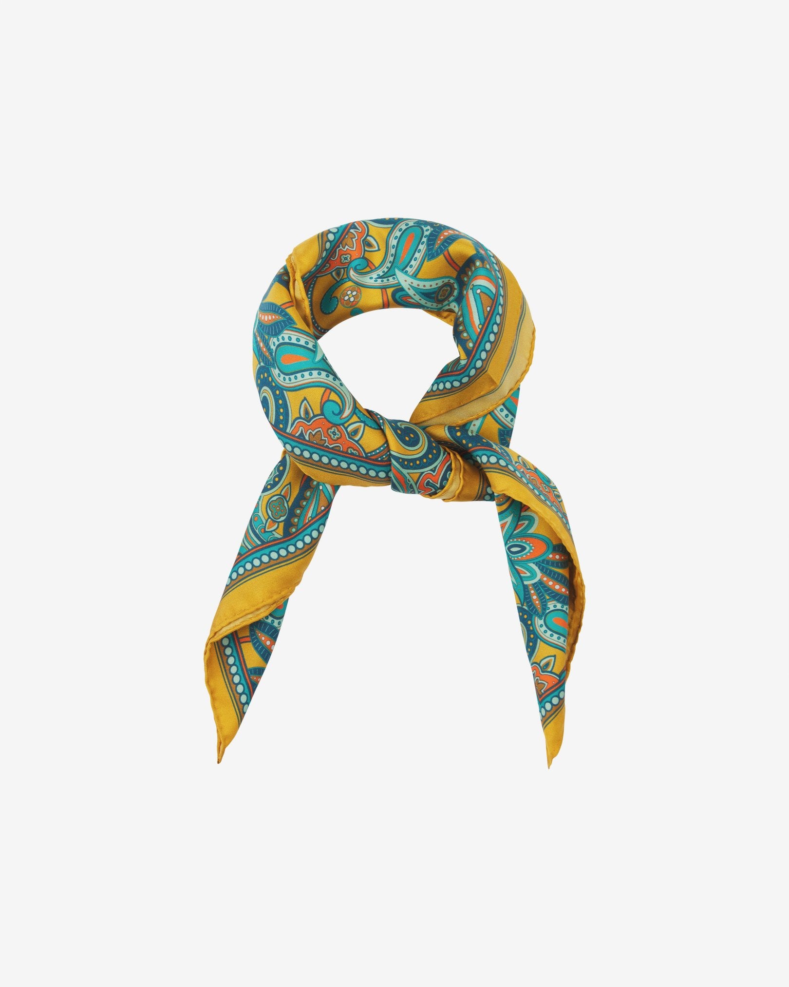 The 'Windermere' neckerchief looped and knotted, presenting the blue, blue-green, orange, and yellow paisley patterns against the sheen of the fine silk material.