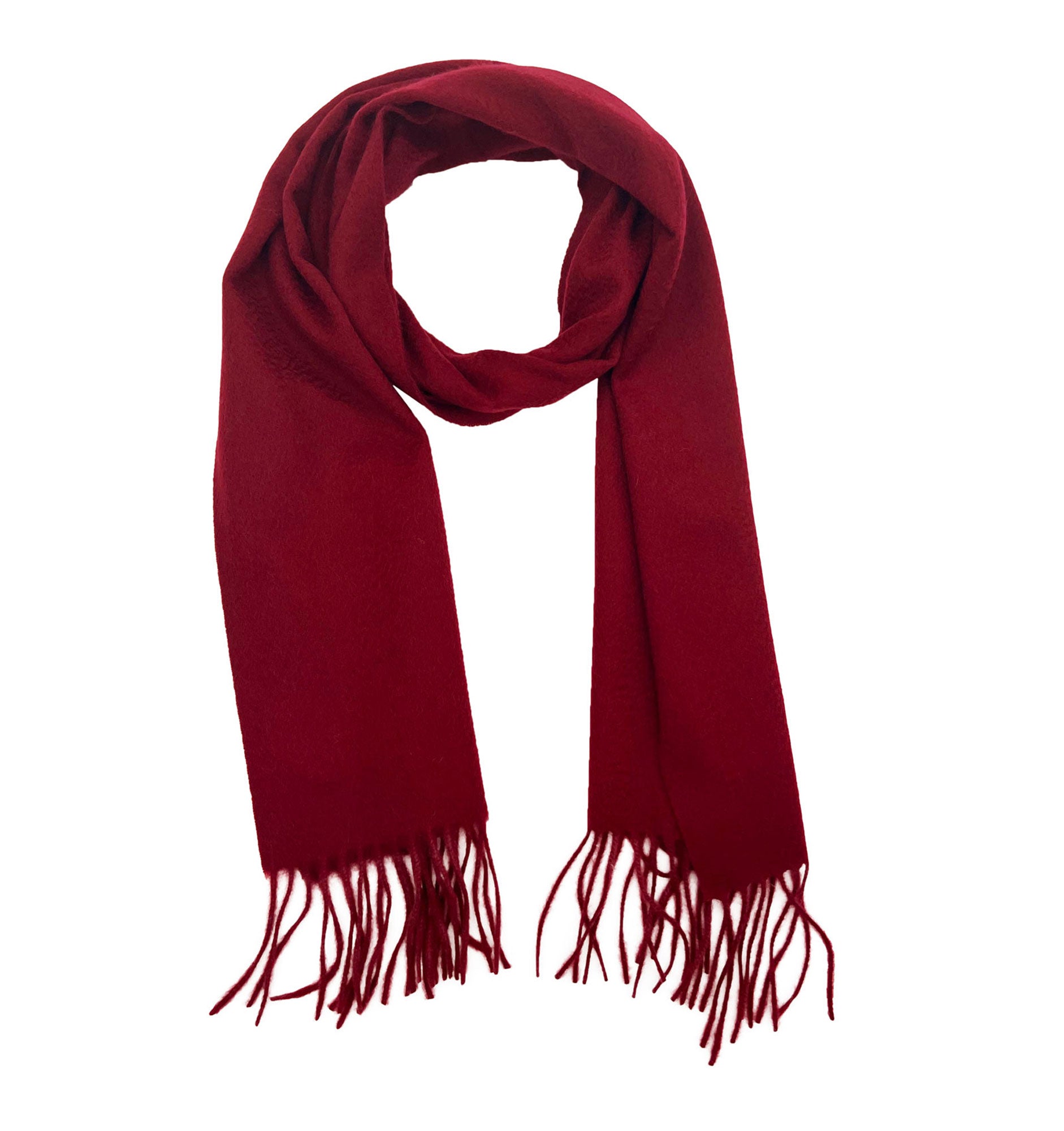 Looped red-burgundy cashmere scarf with both ends parallel and tassles extended.