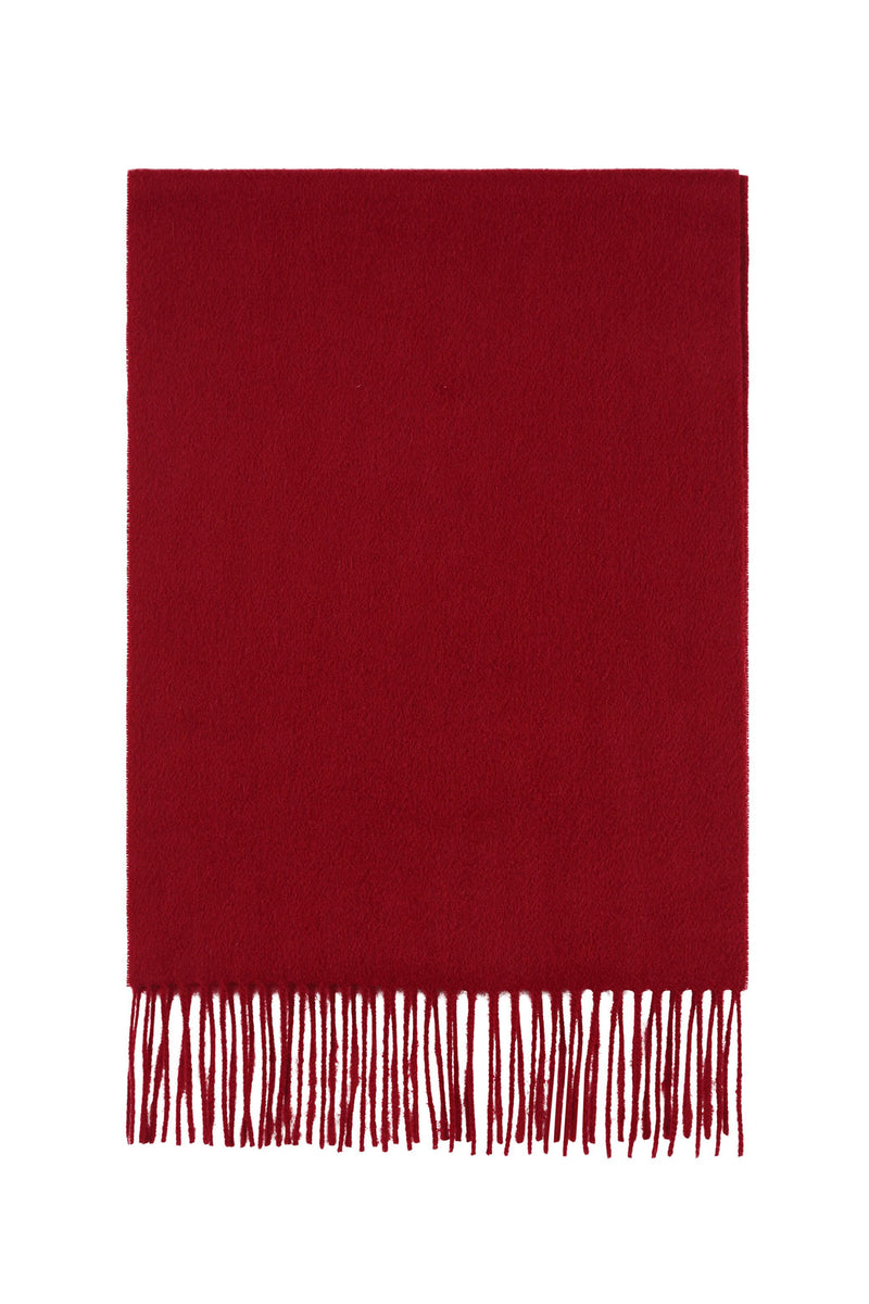 Full view of both scarf and fringe in red-maroon cashmere.