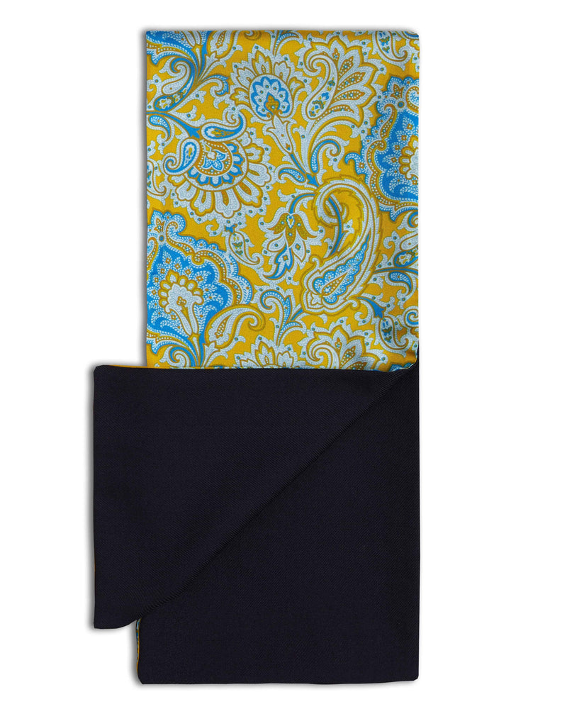 100% silk top and folded back to reveal black, 100% wool bottom of the luxurious patterned scarf from Soho Scarves.