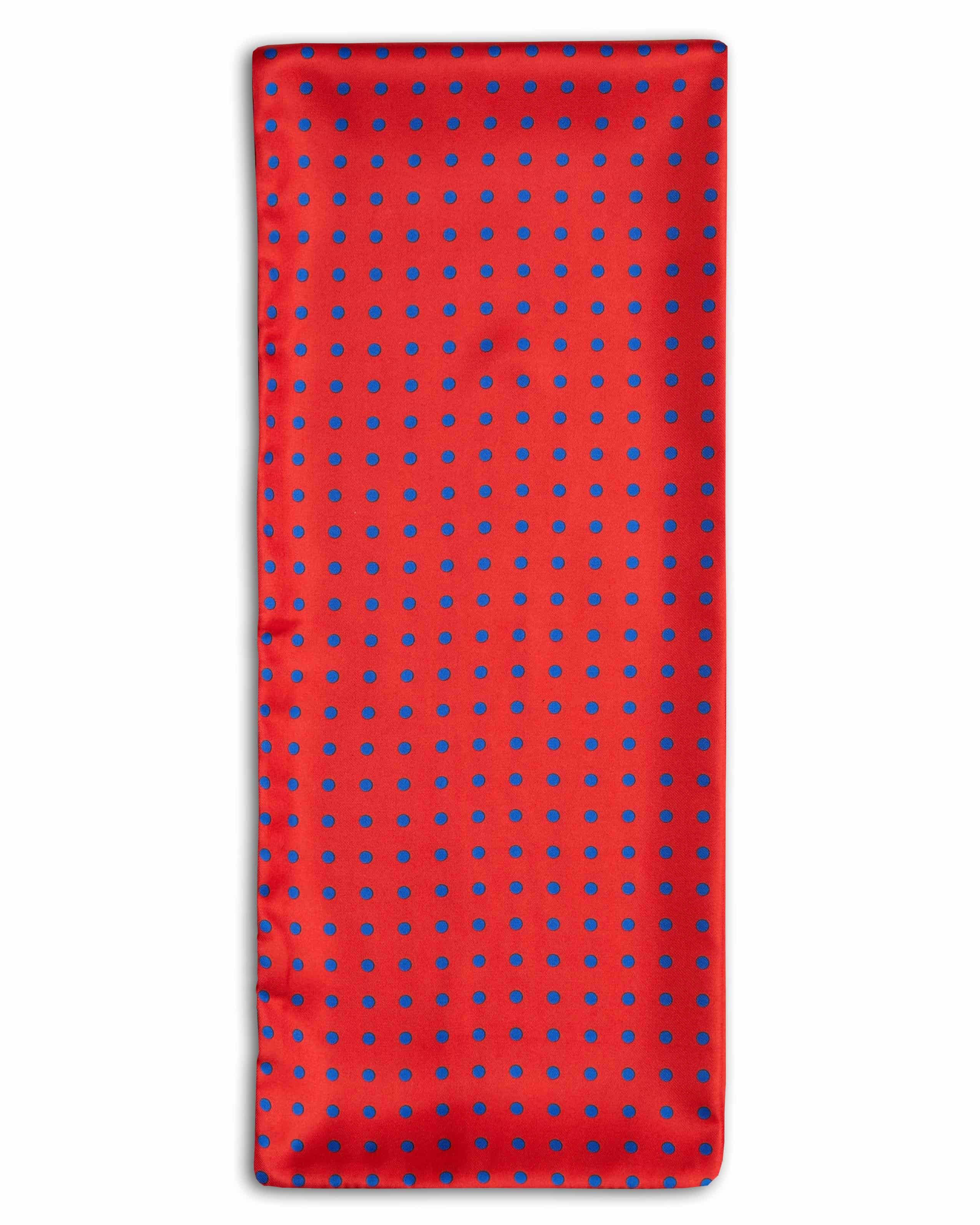 'The Dickson' polka-dot polyester scarf arranged in a rectangular shape, clearly showing the red coloured fabric with blue dots.