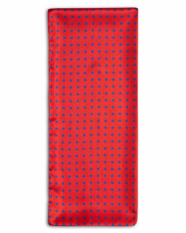 ‘The Dickson' polka-dot polyester scarf arranged in a rectangular shape, clearly showing the red coloured fabric with blue dots.